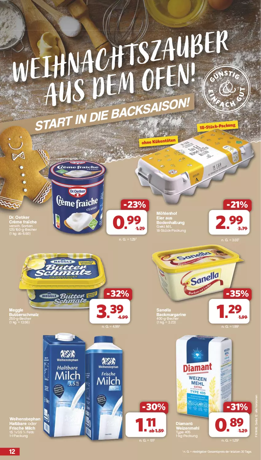 Aktueller Prospekt Famila - Prospekte - von 11.11 bis 16.11.2024 - strona 12 - produkty: Becher, butter, Butterschmalz, crème fraîche, Dr. Oetker, eier, eis, frische milch, malz, margarine, meggle, mehl, milch, reis, Schmalz, Ti, type 405, weihenstephan, weizenmehl, ZTE