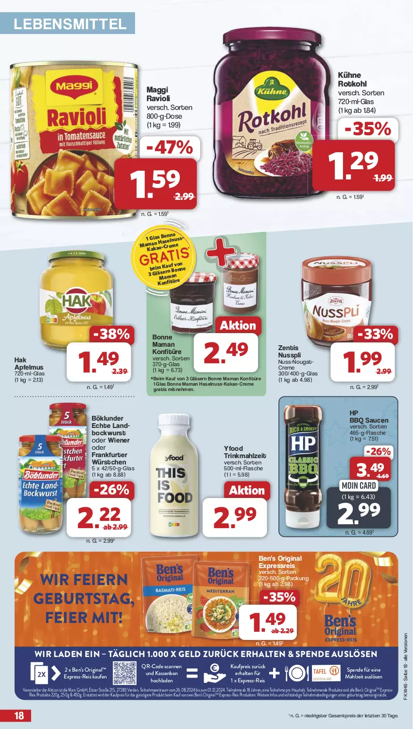 Aktueller Prospekt Famila - Prospekte - von 11.11 bis 16.11.2024 - strona 18 - produkty: apfel, apfelmus, Ben’s Original, bockwurst, böklunder, bonne maman, creme, eier, eis, erde, express-reis, flasche, frankfurter, gin, Gläser, haselnuss, HP, kakao, konfitüre, Kühne, lebensmittel, maggi, mam, mars, Nougatcreme, nuss, nusspli, ravioli, reis, rotkohl, sauce, saucen, Ti, wiener, wurst, würstchen, zentis, ZTE