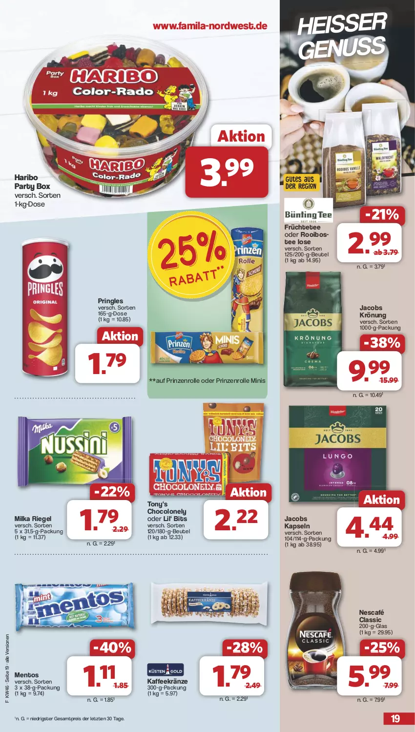 Aktueller Prospekt Famila - Prospekte - von 11.11 bis 16.11.2024 - strona 19 - produkty: beutel, eis, früchte, Früchtetee, haribo, jacobs, jacobs krönung, kaffee, mentos, milka, Nescafé, nuss, pringles, prinzenrolle, reis, riegel, ring, tee, Ti, ZTE