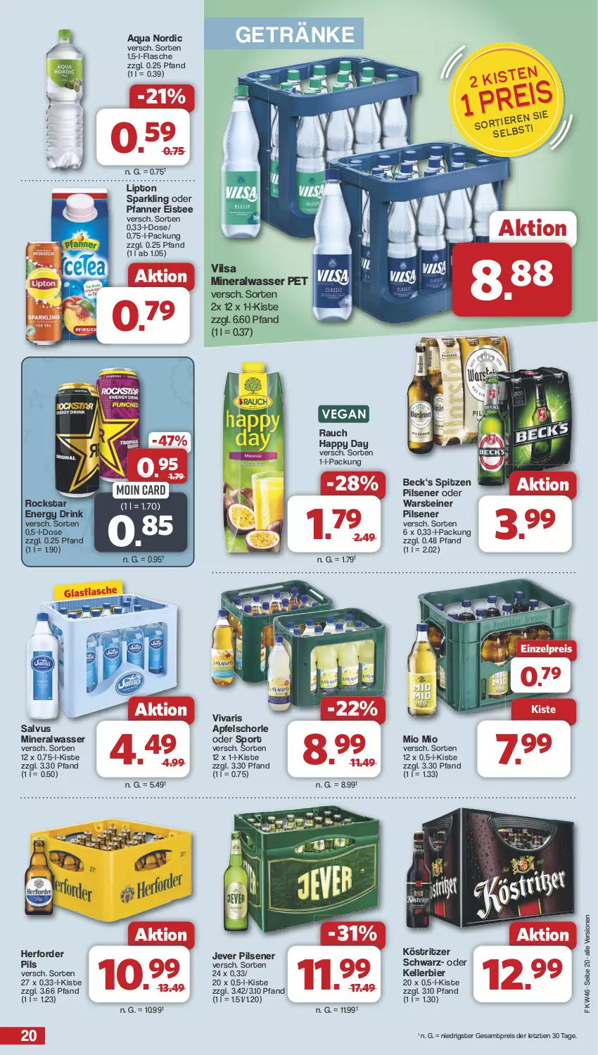 Aktueller Prospekt Famila - Prospekte - von 11.11 bis 16.11.2024 - strona 20 - produkty: Alwa, apfel, Apfelschorle, aqua, bier, drink, eis, eistee, elle, energy drink, flasche, getränk, getränke, glasflasche, Happy Day, jever, jever pilsener, kellerbier, köstritzer, lipton, mineralwasser, Mio Mio, pfanne, Pfanner, pils, pilsener, Rauch, reis, Rockstar, schorle, Sport, steiner, tee, Ti, vilsa, Vivaris, warsteiner, wasser, ZTE