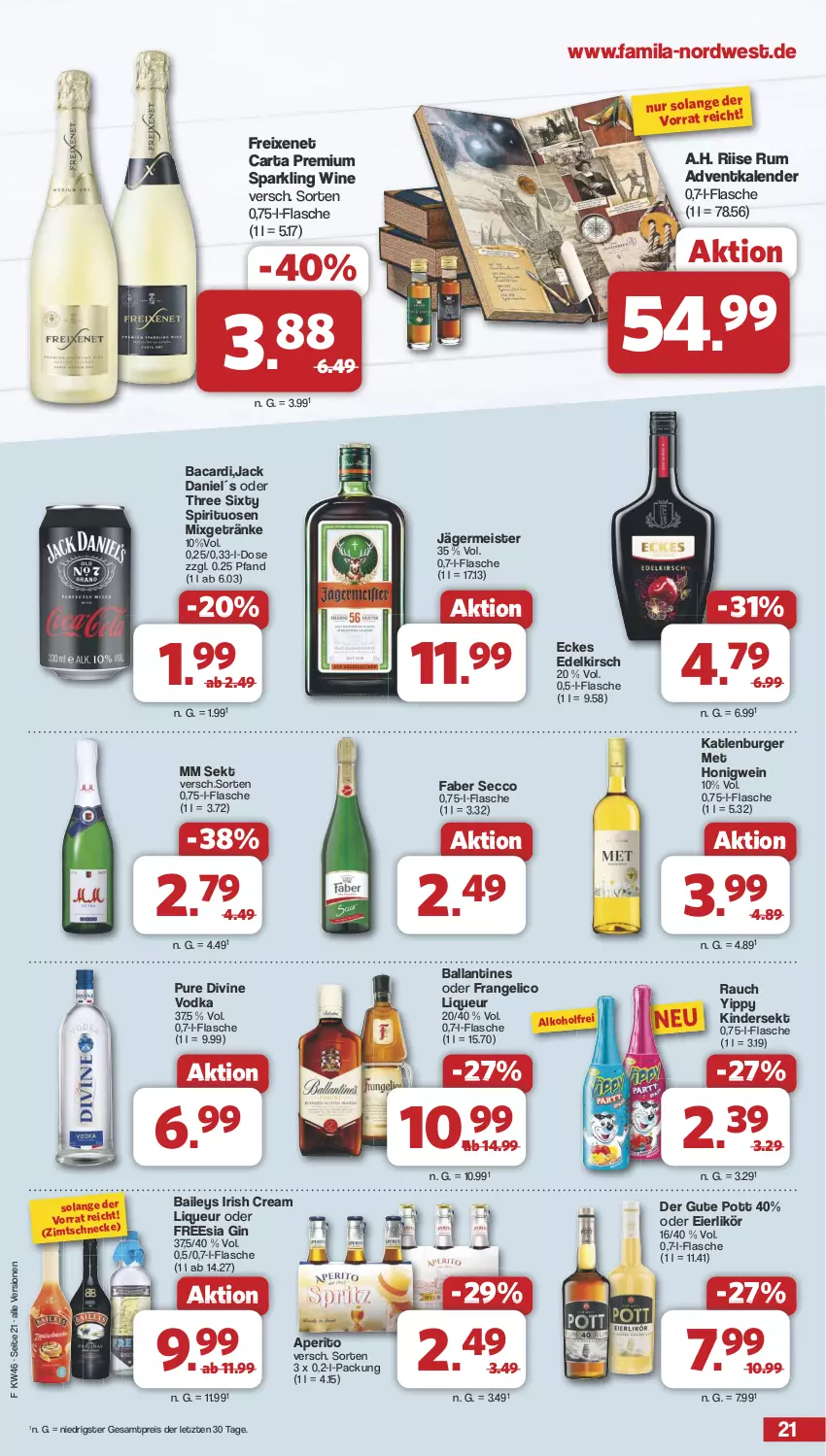 Aktueller Prospekt Famila - Prospekte - von 11.11 bis 16.11.2024 - strona 21 - produkty: alkohol, bacardi, baileys, ball, burger, ecco, eier, eierlikör, eis, flasche, frangelico, freixenet, Germ, getränk, getränke, gin, honig, irish cream, jack daniel, jägermeister, katlenburger, Kinder, kirsch, likör, liqueur, Meister, Mixgetränk, Rauch, reis, rum, sekt, spirituosen, Three Sixty, Ti, vodka, wein, ZTE