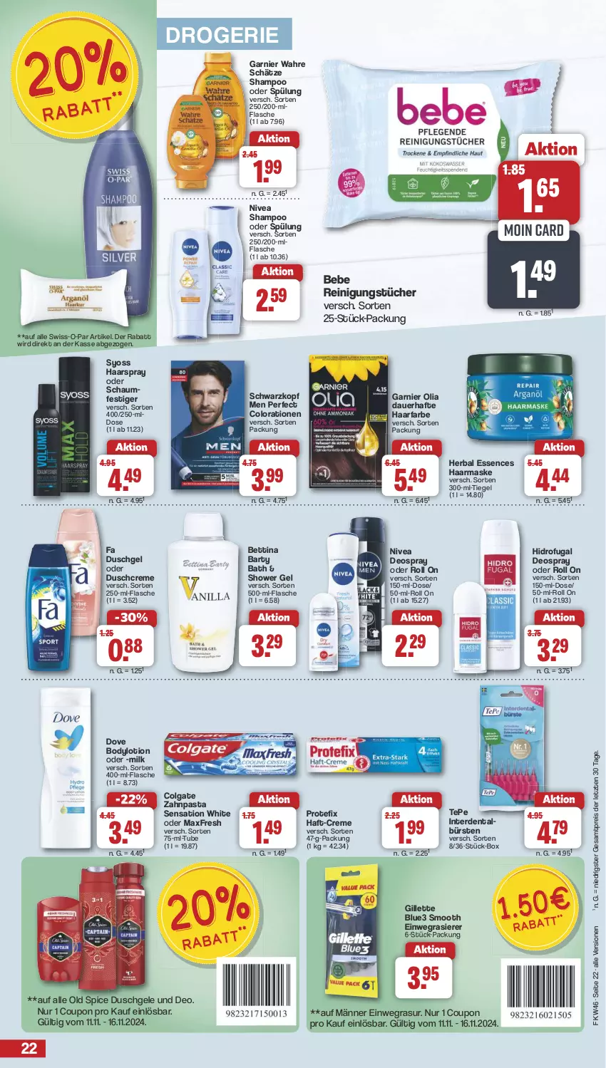 Aktueller Prospekt Famila - Prospekte - von 11.11 bis 16.11.2024 - strona 22 - produkty: auer, Bebe, bett, body, bodylotion, bürste, bürsten, colgate, Colorationen, coupon, creme, deo, deospray, dove, duschcreme, duschgel, einwegrasierer, eis, erde, fa duschgel, flasche, garnier, gillette, haarspray, LG, Lotion, Maske, nivea, Old Spice, pasta, rasierer, Reinigung, reinigungstücher, reis, schwarzkop, schwarzkopf, shampoo, shampoo oder spülung, spülung, Swiss-o-Par, syoss, Ti, tücher, Wahre Schätze, Yo, zahnpasta, ZTE