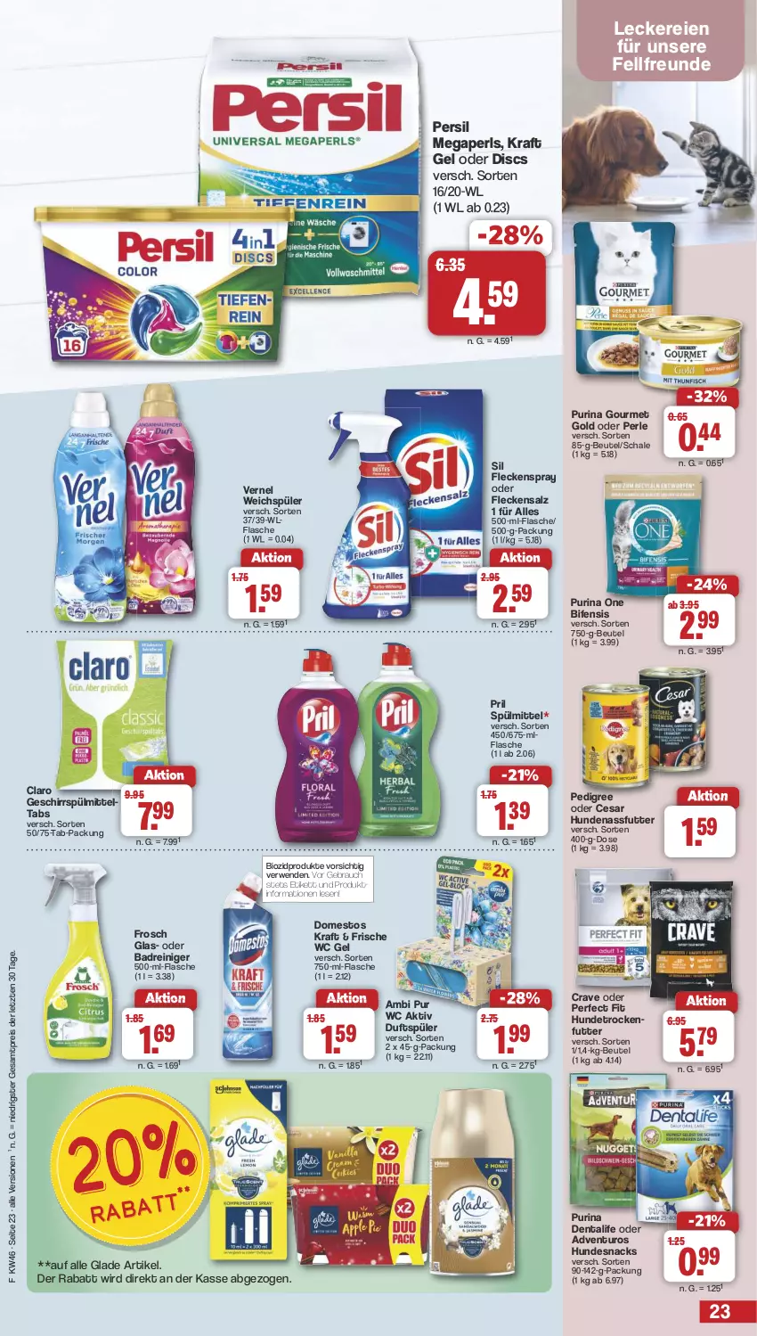 Aktueller Prospekt Famila - Prospekte - von 11.11 bis 16.11.2024 - strona 23 - produkty: adventuros, Bad, beutel, bio, biozidprodukte, domestos, eis, flasche, Frosch, geschirr, geschirrspülmittel, Glade, gourmet gold, hundesnack, hundesnacks, kraft, megaperls, nassfutter, pedigree, Perfect Fit, persil, pril, purina, Rauch, reiniger, reis, rwe, salz, Schal, Schale, snack, snacks, spülmittel, Ti, trockenfutter, vernel, weichspüler, ZTE