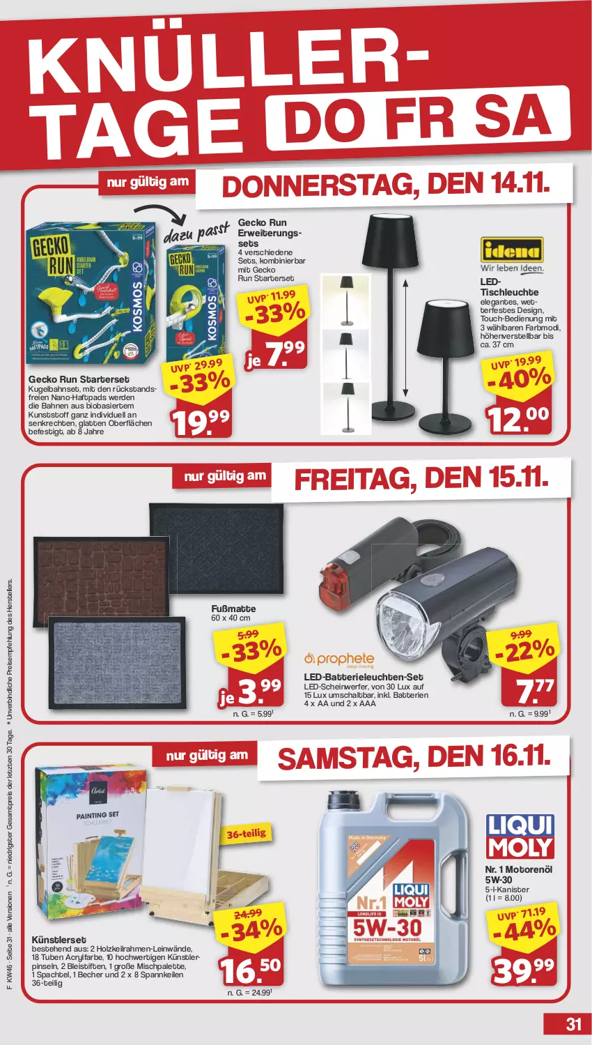 Aktueller Prospekt Famila - Prospekte - von 11.11 bis 16.11.2024 - strona 31 - produkty: batterie, batterien, Becher, bio, Bleistift, bleistifte, eis, elle, erde, Fußmatte, Holz, HP, Kugel, Kugelbahn, latte, Leuchte, leuchten, motorenöl, Palette, Pinsel, reis, rwe, Schal, spachtel, stifte, teller, Ti, tisch, tischleuchte, ZTE