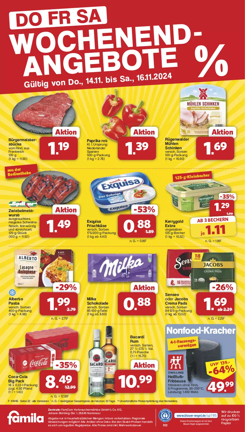 Aktueller Prospekt Famila - Prospekte - von 11.11 bis 16.11.2024 - strona 32 - produkty: auer, Becher, coca-cola, cola, crema pads, drucker, eis, elle, Engel, exquisa, exquisa frischkäse, flasche, fleisch, frischkäse, fritteuse, Germ, Heißluftfritteuse, jacobs, Jacobs Crema, Käse, kerrygold, kerrygold extra, kerze, kracher, Meister, Mett, mettwurst, milka, milka schokolade, mühlen schinken, oder jacobs, papier, paprika, paprika rot, pasta, Rauch, regal, reis, rind, rügenwalder, rügenwalder mühle, rum, rwe, salz, schinken, schoko, schokolade, schwein, schweine, senseo, Streichzart, teller, Ti, Tiere, wein, weine, wurst, ZTE, zwiebel, zwiebelmettwurst