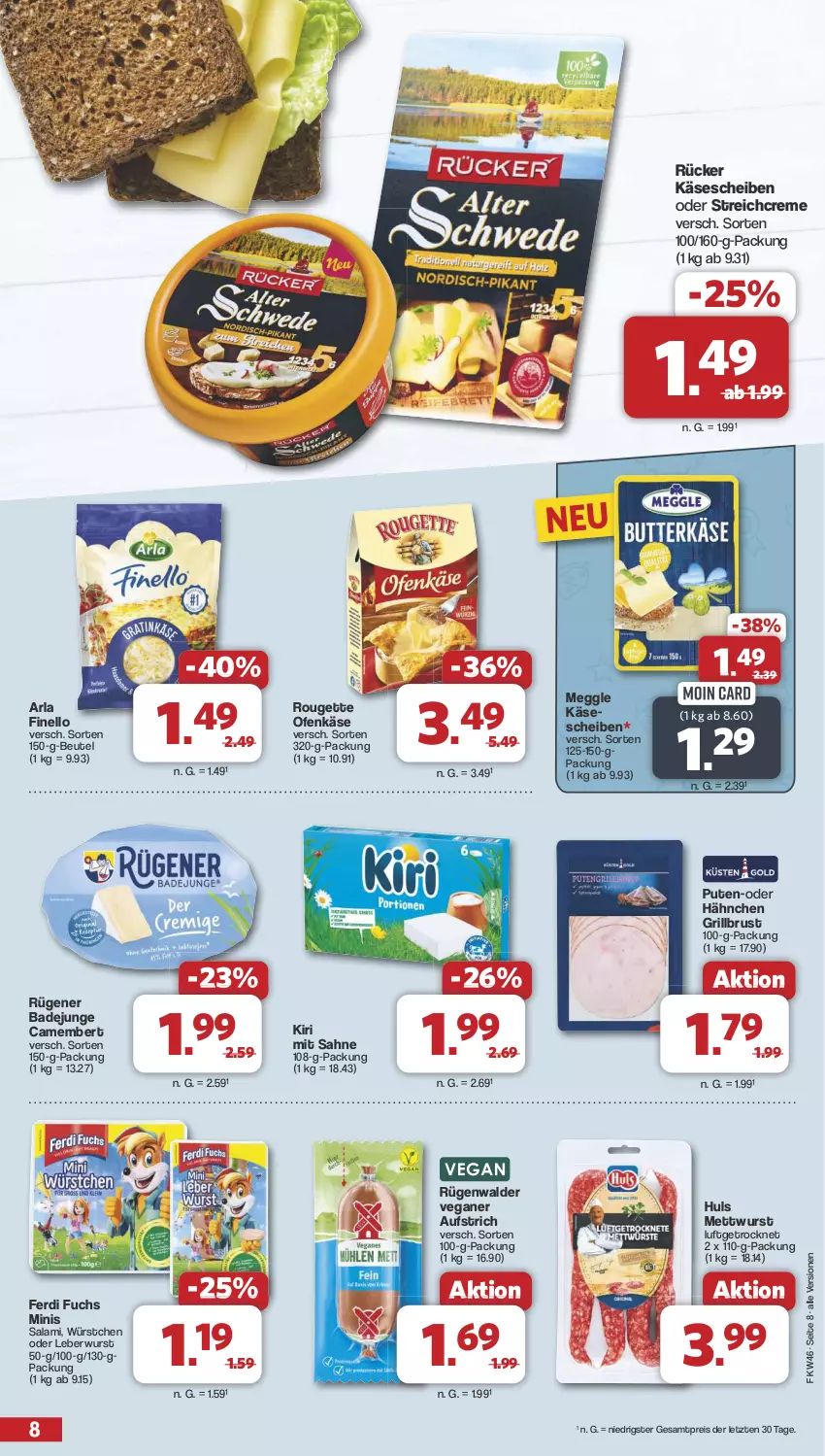 Aktueller Prospekt Famila - Prospekte - von 11.11 bis 16.11.2024 - strona 8 - produkty: arla, aufstrich, Bad, beutel, camembert, creme, eis, ferdi fuchs, finello, grill, Käse, käsescheiben, kiri, leberwurst, meggle, Mett, mettwurst, Ofen, Ofenkäse, pute, reis, rouge, rougette, Rügener, rügener badejunge, rügenwalder, sahne, salami, Ti, wurst, würstchen, ZTE