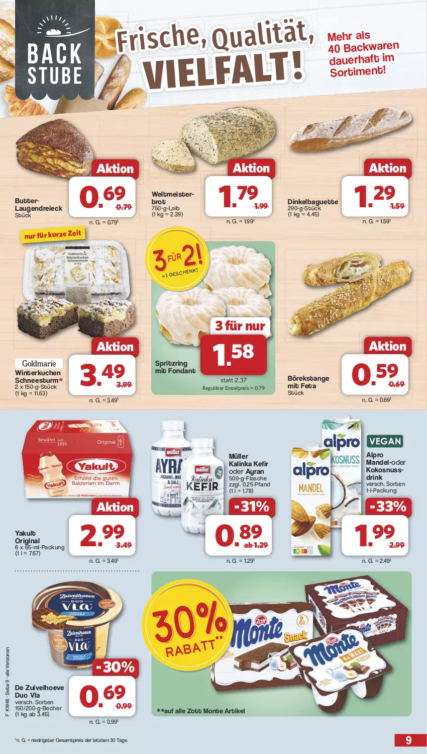 Aktueller Prospekt Famila - Prospekte - von 11.11 bis 16.11.2024 - strona 9 - produkty: alpro, auer, Ayran, backwaren, baguette, Becher, brot, butter, drink, eis, feta, flasche, gin, Kefir, kokos, kokosnuss, Kokosnussdrink, kuchen, mandel, Meister, monte, Müller, nuss, Nussdrink, reis, ring, ssd, Ti, weltmeisterbrot, zott, Zott Monte, ZTE