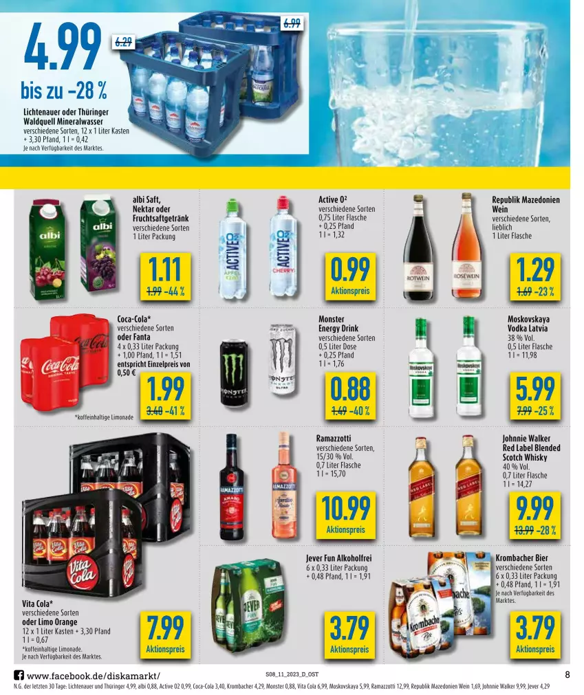 Aktueller Prospekt Diska - Prospekte - von 13.03 bis 18.03.2023 - strona 8 - produkty: aktionspreis, alkohol, Alwa, auer, bier, coca-cola, cola, drink, eis, energy drink, fanta, flasche, frucht, fruchtsaft, fruchtsaftgetränk, getränk, jever, johnnie walker, krombache, krombacher, lichtenauer, limo, limonade, mineralwasser, monster, moskovskaya, Nektar, orange, rama, ramazzott, ramazzotti, reis, ring, saft, scotch, scotch whisky, Ti, vita, Vita C, vodka, wasser, wein, whisky, zott, ZTE