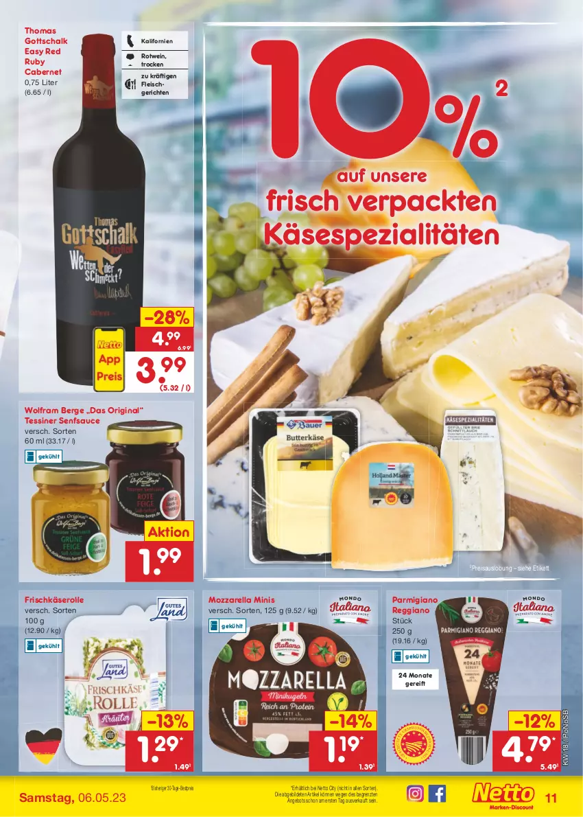 Aktueller Prospekt Netto Marken-Discount - Filial-Angebote - von 02.05 bis 06.05.2023 - strona 11 - produkty: angebot, bestpreis, cabernet, eis, fleisch, frischkäse, gin, Käse, mozzarella, parmigiano, parmigiano reggiano, reggiano, reis, rel, rotwein, sauce, Schal, senf, Spezi, Ti, wein, ZTE