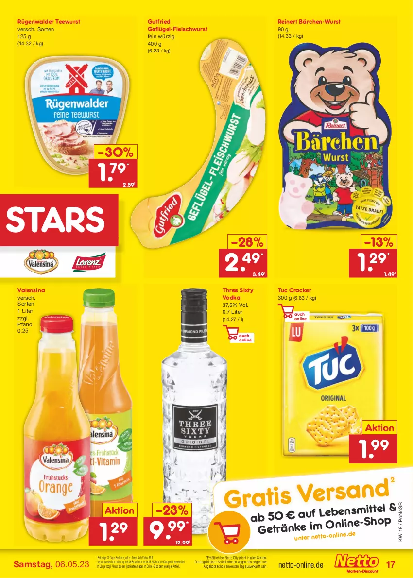 Aktueller Prospekt Netto Marken-Discount - Filial-Angebote - von 02.05 bis 06.05.2023 - strona 17 - produkty: angebot, bestpreis, cracker, eis, fleisch, fleischwurst, Geflügel, Geflügel-Fleischwurst, gutfried, lebensmittel, ndk, reinert, reis, rügenwalder, tee, teewurst, Three Sixty, Ti, tuc, valensina, versandkostenfrei, vodka, wurst, ZTE