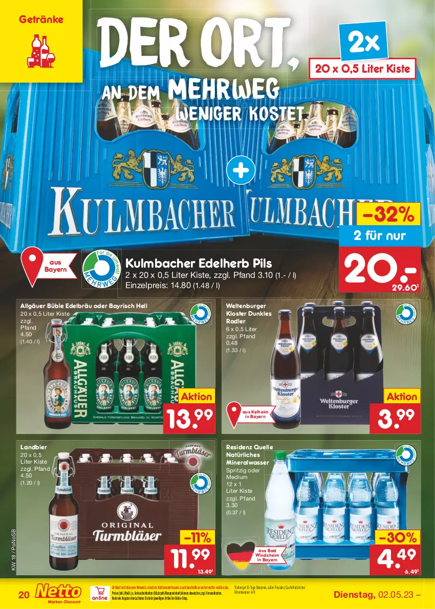 Aktueller Prospekt Netto Marken-Discount - Filial-Angebote - von 02.05 bis 06.05.2023 - strona 20 - produkty: Alwa, Bad, bestpreis, bier, burger, eis, elle, getränk, getränke, LG, mineralwasser, natürliches mineralwasser, ndk, pils, radler, reis, rwe, Ti, wasser