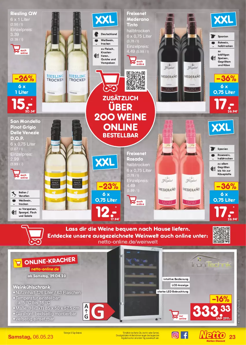 Aktueller Prospekt Netto Marken-Discount - Filial-Angebote - von 02.05 bis 06.05.2023 - strona 23 - produkty: angebot, beleuchtung, bestpreis, decke, dell, eis, elle, fisch, flasche, fleisch, freixenet, grill, Käse, kühlschrank, latte, Pinot, pinot grigio, Quiche, reis, riesling, rotwein, salat, salate, Schrank, spargel, Ti, Tiere, vorspeise, wein, weine, Weißwein, ZTE