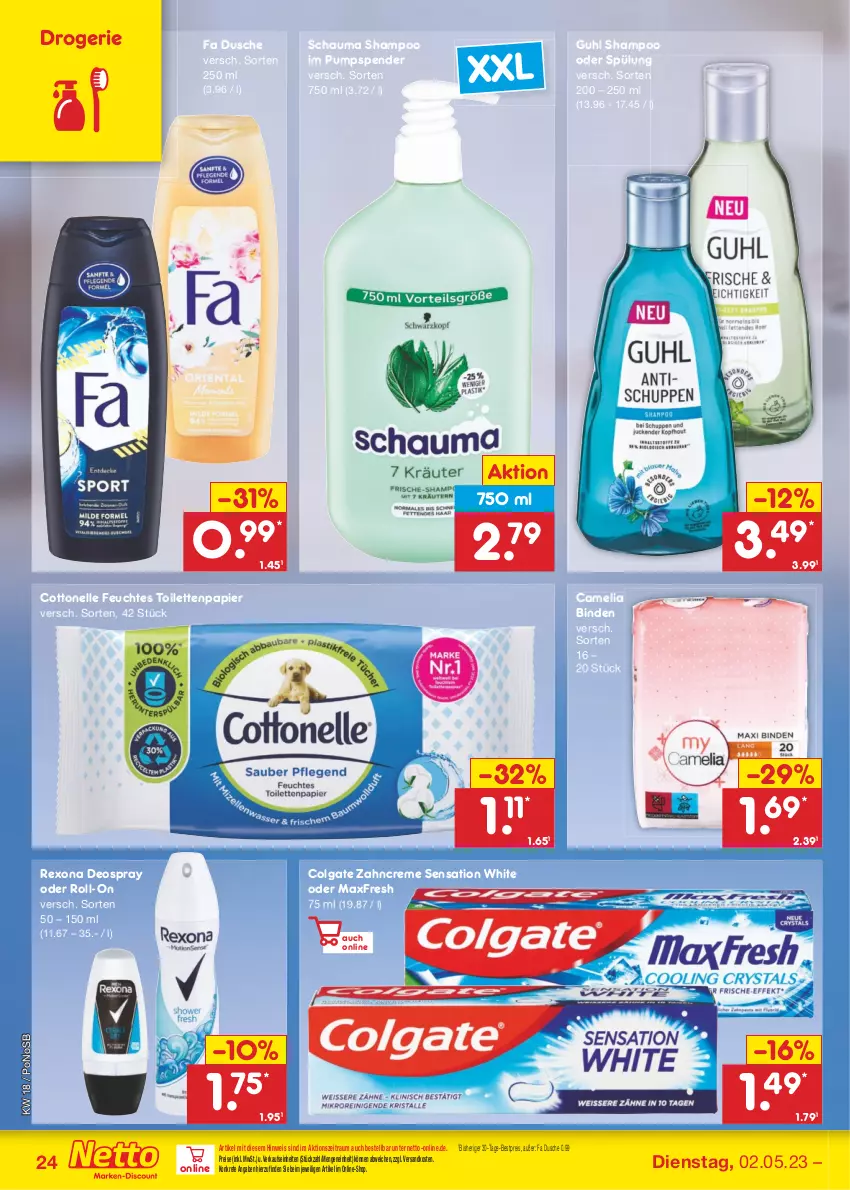 Aktueller Prospekt Netto Marken-Discount - Filial-Angebote - von 02.05 bis 06.05.2023 - strona 24 - produkty: bestpreis, binden, camelia, colgate, cottonelle, creme, deo, deospray, dusche, eis, elle, feuchtes toilettenpapier, Guhl, LG, ndk, papier, reis, rexona, roll-on, schauma, schauma shampoo, shampoo, shampoo oder spülung, spülung, Ti, toilettenpapier, zahncreme