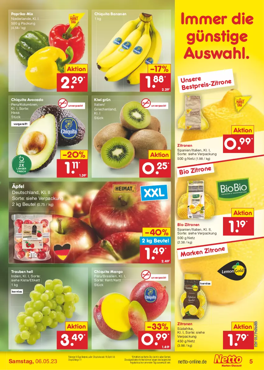 Aktueller Prospekt Netto Marken-Discount - Filial-Angebote - von 02.05 bis 06.05.2023 - strona 5 - produkty: angebot, asti, avocado, banane, bananen, bestpreis, beutel, bio, bio-zitronen, chiquita, eis, kiwi, mango, paprika, reis, Ti, trauben, zitrone, zitronen, ZTE