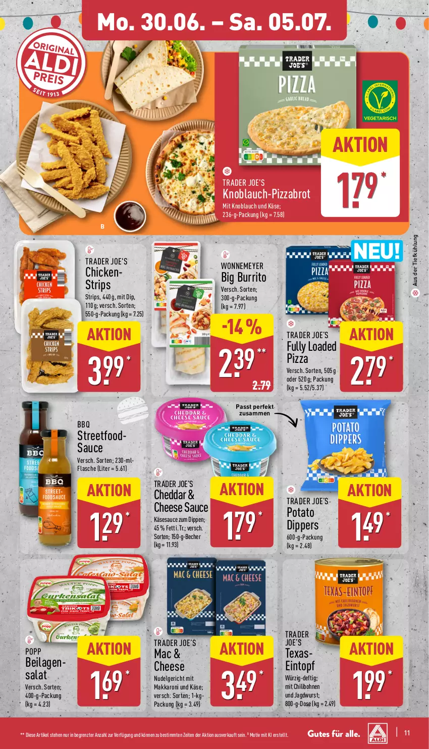 Aktueller Prospekt Aldi Nord - Von Montag - von 30.06 bis 05.07.2025 - strona 11 - produkty: aus der tiefkühlung, Becher, bohne, bohnen, brot, cheddar, chili, dip, eintopf, flasche, ilag, jagdwurst, Käse, knoblauch, LG, mac, mit knoblauch, nudel, Nudelgericht, pizza, Popp, salat, sauce, Ti, topf, wurst, ZTE