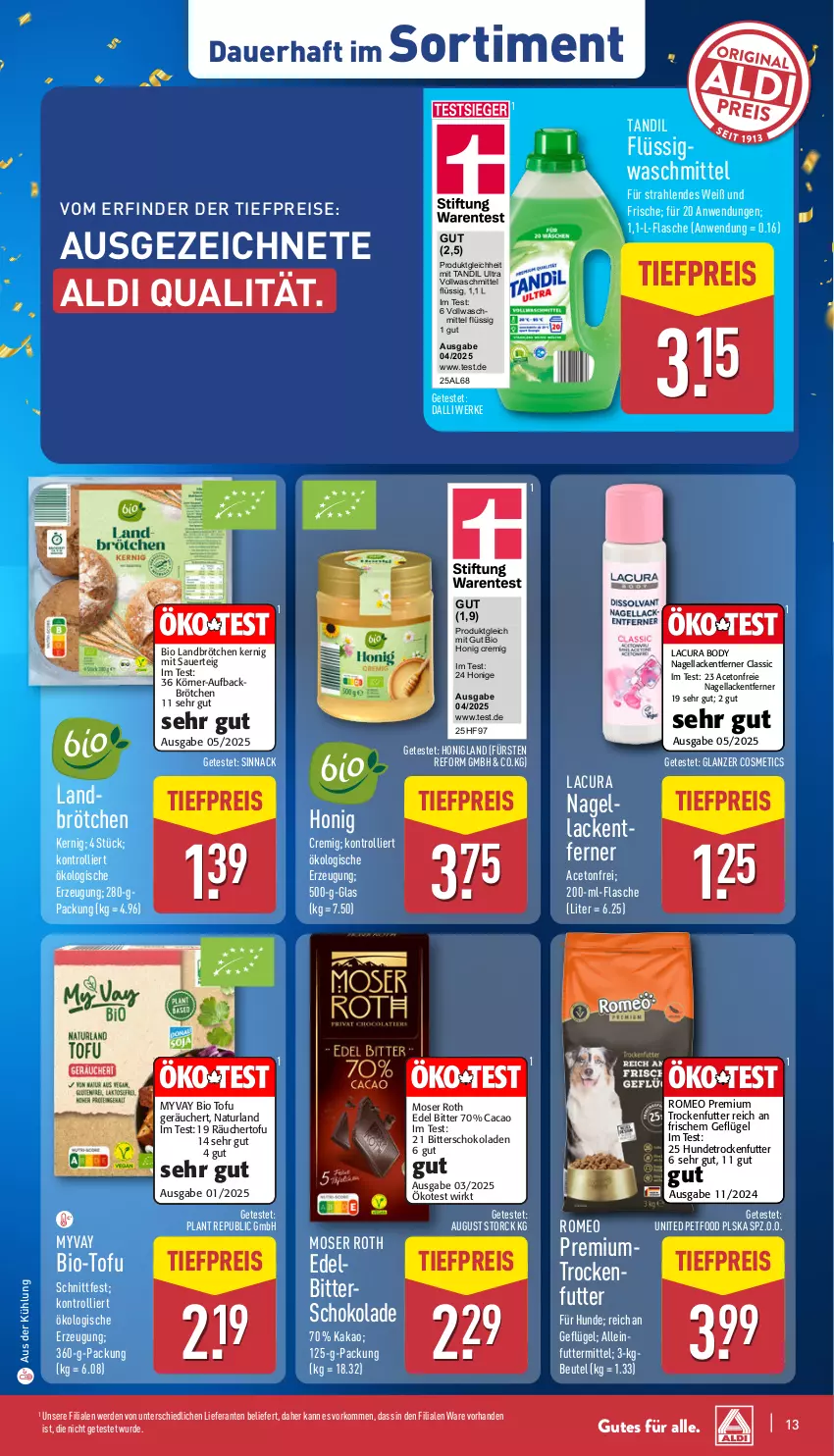 Aktueller Prospekt Aldi Nord - Von Montag - von 30.06 bis 05.07.2025 - strona 13 - produkty: aceto, aldi, alleinfuttermittel, auer, beutel, bio, body, brötchen, dalli, eis, erde, flasche, Geflügel, honig, kakao, lack, Lacke, moser, Moser Roth, Nagellack, Nagellackentferner, natur, naturland, reis, schoko, schokolade, schokoladen, sinnack, storck, Ti, tiefpreis, Tofu, trockenfutter, trolli, vollwaschmittel, waschmittel