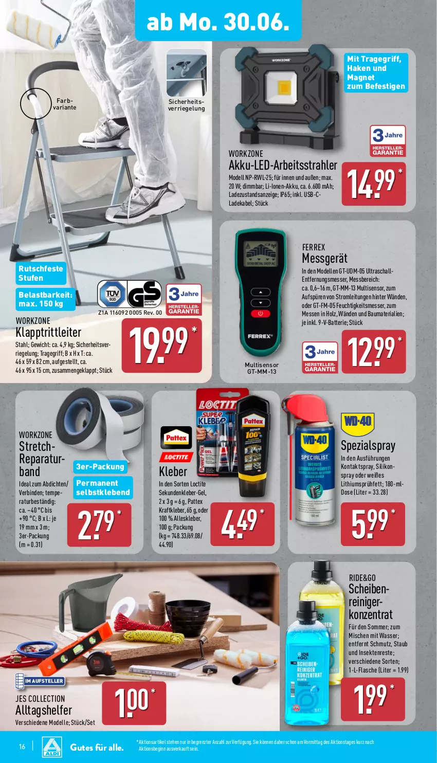 Aktueller Prospekt Aldi Nord - Von Montag - von 30.06 bis 05.07.2025 - strona 16 - produkty: akku, batterie, Bau, binden, deka, dell, elle, Entfernungsmesser, ferrex, flasche, gin, Holz, klapptritt, kleber, kraft, ladekabel, messer, Mode, pattex, reiniger, Ria, riegel, Schal, Scheibenreiniger, sekt, Spezi, teller, Ti, tragegriff, usb, wasser, ZTE