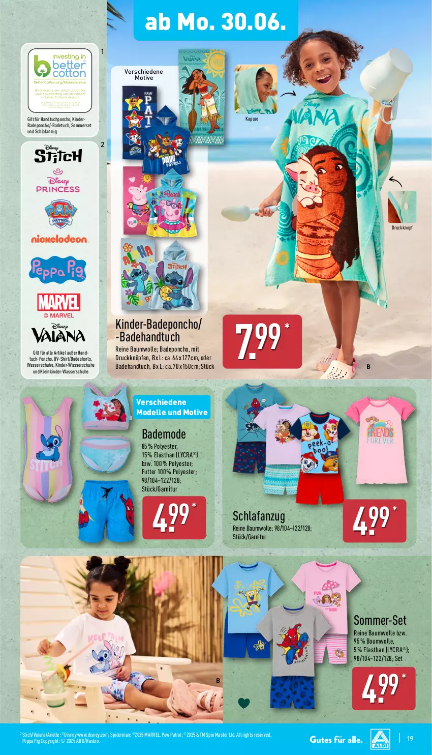 Aktueller Prospekt Aldi Nord - Von Montag - von 30.06 bis 05.07.2025 - strona 19 - produkty: Anzug, ariel, Bad, Badehandtuch, badeshorts, badetuch, Bau, baumwolle, dell, disney, elle, garnitur, handtuch, Hasbro, HP, Kinder, Mode, Paw Patrol, Peppa Pig, reine baumwolle, Schlafanzug, schuhe, shirt, shorts, Ti, tuc, wasser, Wasserschuhe, wolle