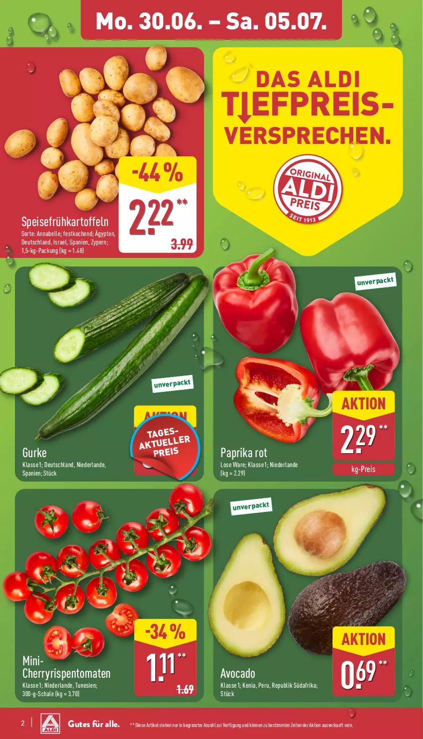 Aktueller Prospekt Aldi Nord - Von Montag - von 30.06 bis 05.07.2025 - strona 2 - produkty: aldi, avocado, eis, elle, Frühkartoffeln, gurke, kartoffel, kartoffeln, paprika, paprika rot, reis, rispentomaten, Schal, Schale, speisefrühkartoffeln, Ti, tomate, tomaten, ZTE