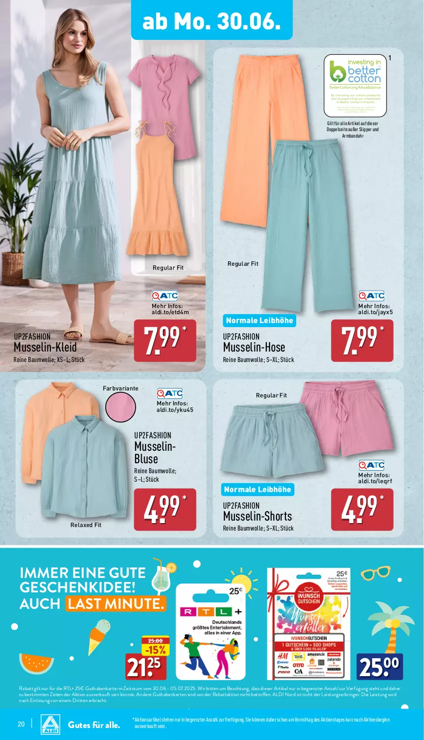 Aktueller Prospekt Aldi Nord - Von Montag - von 30.06 bis 05.07.2025 - strona 20 - produkty: aldi, Armband, Armbanduhr, axe, Bau, baumwolle, bluse, eis, gin, guthabenkarte, hose, kleid, reine baumwolle, rel, Ria, ring, shorts, slip, Slipper, Ti, uhr, up2fashion, wolle, ZTE