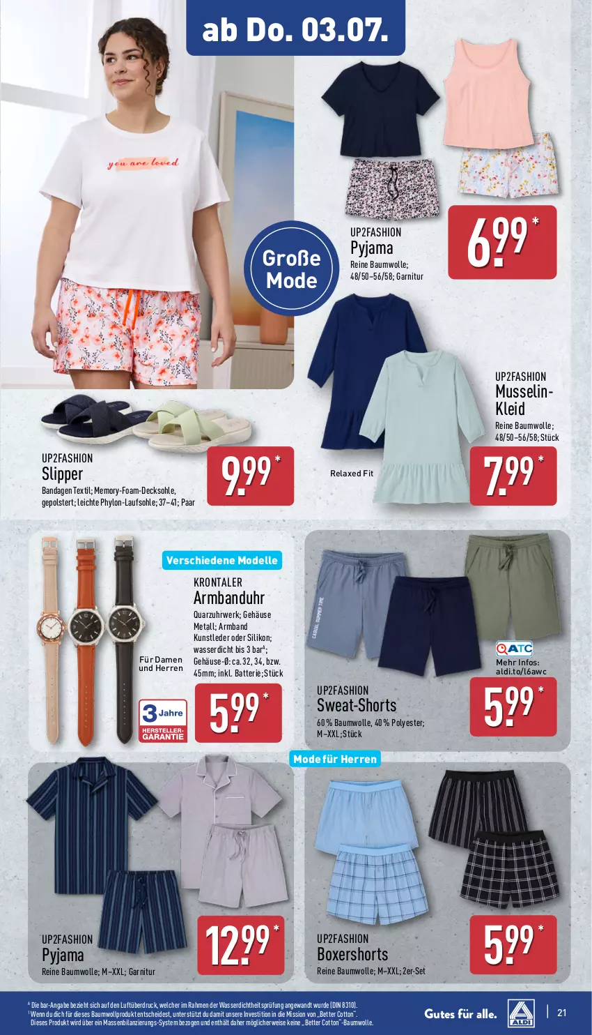 Aktueller Prospekt Aldi Nord - Von Montag - von 30.06 bis 05.07.2025 - strona 21 - produkty: aldi, Armband, Armbanduhr, axe, batterie, Bau, baumwolle, bett, decksohle, dell, eis, elle, garnitur, Hylo, kleid, Mode, Pyjama, reine baumwolle, rel, rwe, shorts, slip, Slipper, Ti, uhr, up2fashion, wasser, wolle