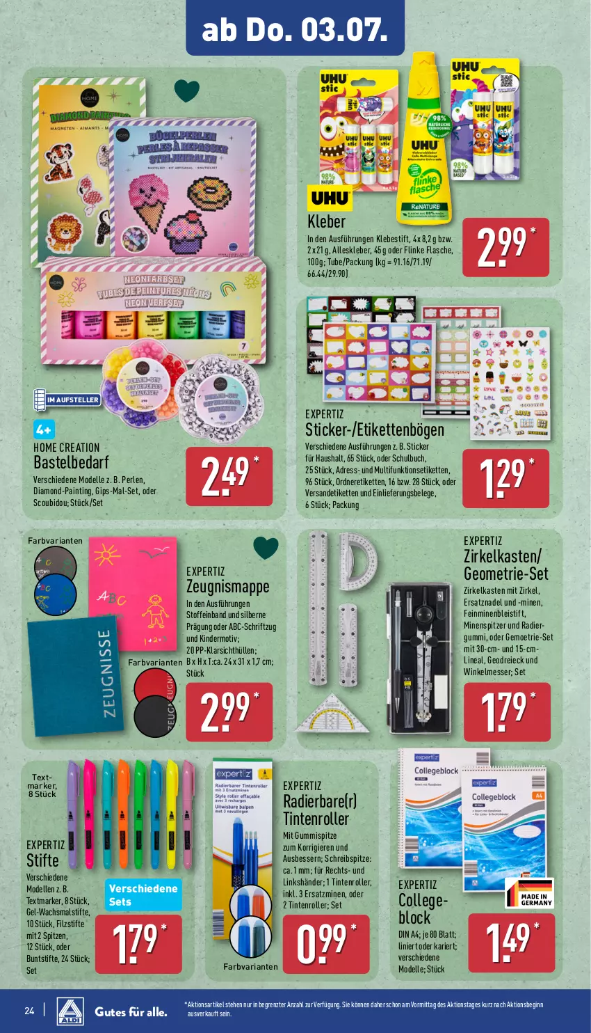 Aktueller Prospekt Aldi Nord - Von Montag - von 30.06 bis 05.07.2025 - strona 24 - produkty: Bleistift, buch, buntstifte, collegeblock, dell, din a4, eis, elle, expertiz, flasche, Flinke Flasche, gin, Kette, Kinder, Klarsichthüllen, kleber, messer, Mode, moet, ordner, perlen, Radiergummi, Ria, Roller, Schriftzug, stifte, teller, textmarker, Ti, usb, ZTE