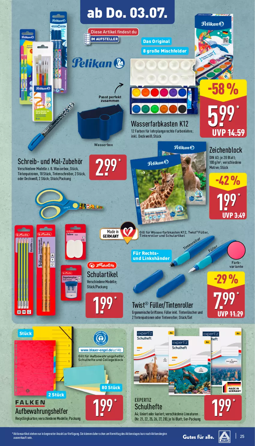Aktueller Prospekt Aldi Nord - Von Montag - von 30.06 bis 05.07.2025 - strona 25 - produkty: auer, Clin, collegeblock, dell, elle, Engel, expertiz, Germ, gin, Hefte, Mode, Ria, Roller, teller, Ti, Tintenlöscher, Tintenpatrone, wasser, zeichenblock, ZTE