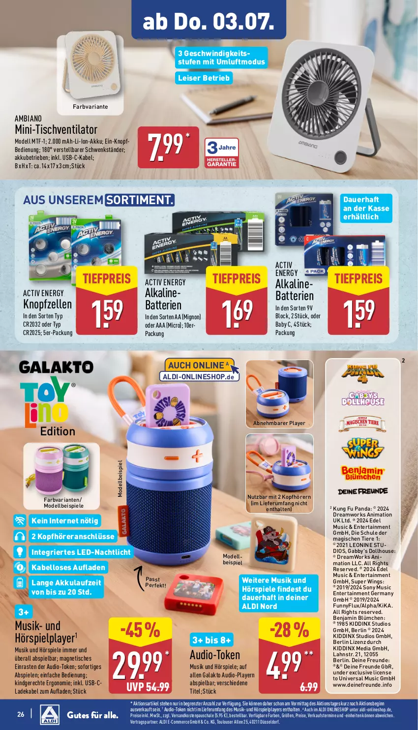 Aktueller Prospekt Aldi Nord - Von Montag - von 30.06 bis 05.07.2025 - strona 26 - produkty: akku, aldi, ambia, auer, batterie, batterien, deka, dell, eis, elle, ente, Germ, gin, kopfhörer, ladekabel, li-ion-akku, Mode, Nachtlicht, ndk, reis, Ria, rum, Schal, Schale, sony, Spiele, Ti, tiefpreis, Tiere, tisch, tischventilator, usb, ventilator, ZTE