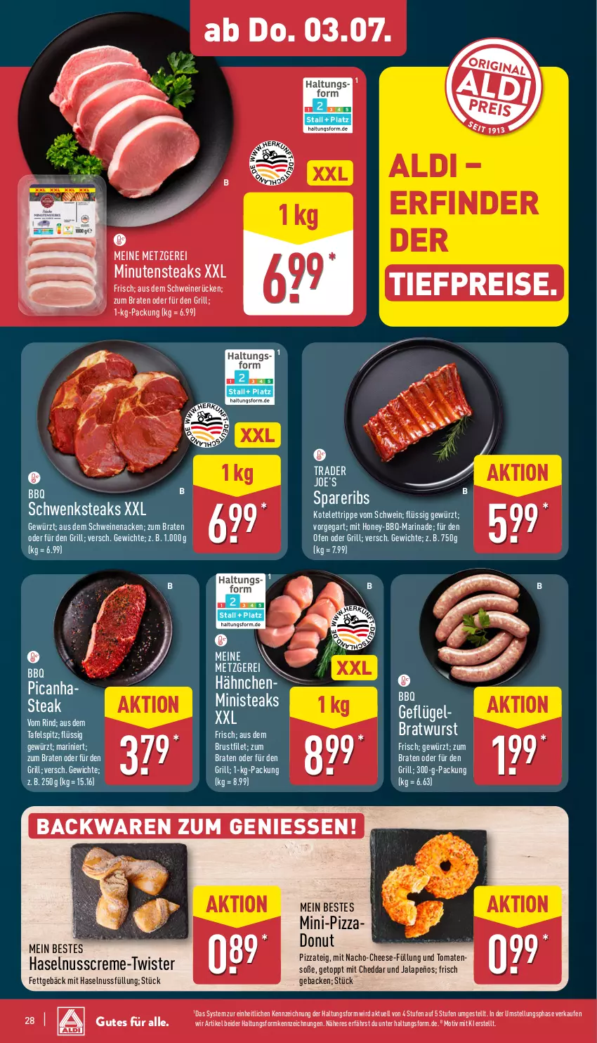 Aktueller Prospekt Aldi Nord - Von Montag - von 30.06 bis 05.07.2025 - strona 28 - produkty: aldi, backwaren, braten, bratwurst, brustfilet, cheddar, creme, Donut, eis, filet, geback, Geflügel, gewürz, grill, haselnuss, Haselnusscreme, jalapeño, kotelett, marinade, minutensteaks, nacho, nuss, Ofen, pizza, Pizzateig, reis, rind, schwein, schweine, schweinenacken, schweinerücken, Soße, spareribs, steak, steaks, tafelspitz, Ti, tiefpreis, tomate, tomaten, wein, weine, wurst
