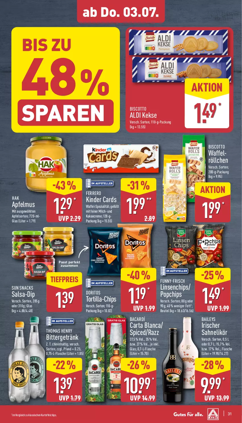 Aktueller Prospekt Aldi Nord - Von Montag - von 30.06 bis 05.07.2025 - strona 31 - produkty: aldi, apfel, apfelmus, baileys, beutel, biscotto, chips, creme, dip, Doritos, eis, elle, ferrero, flasche, funny-frisch, getränk, kakao, kartoffel, kartoffelchips, keks, kekse, Kinder, LG, likör, linsen, milch, reis, sahne, Salsa, snack, snacks, Spezi, Sun Snacks, teller, thomas henry, Ti, tiefpreis, tortilla, Waffelröllchen
