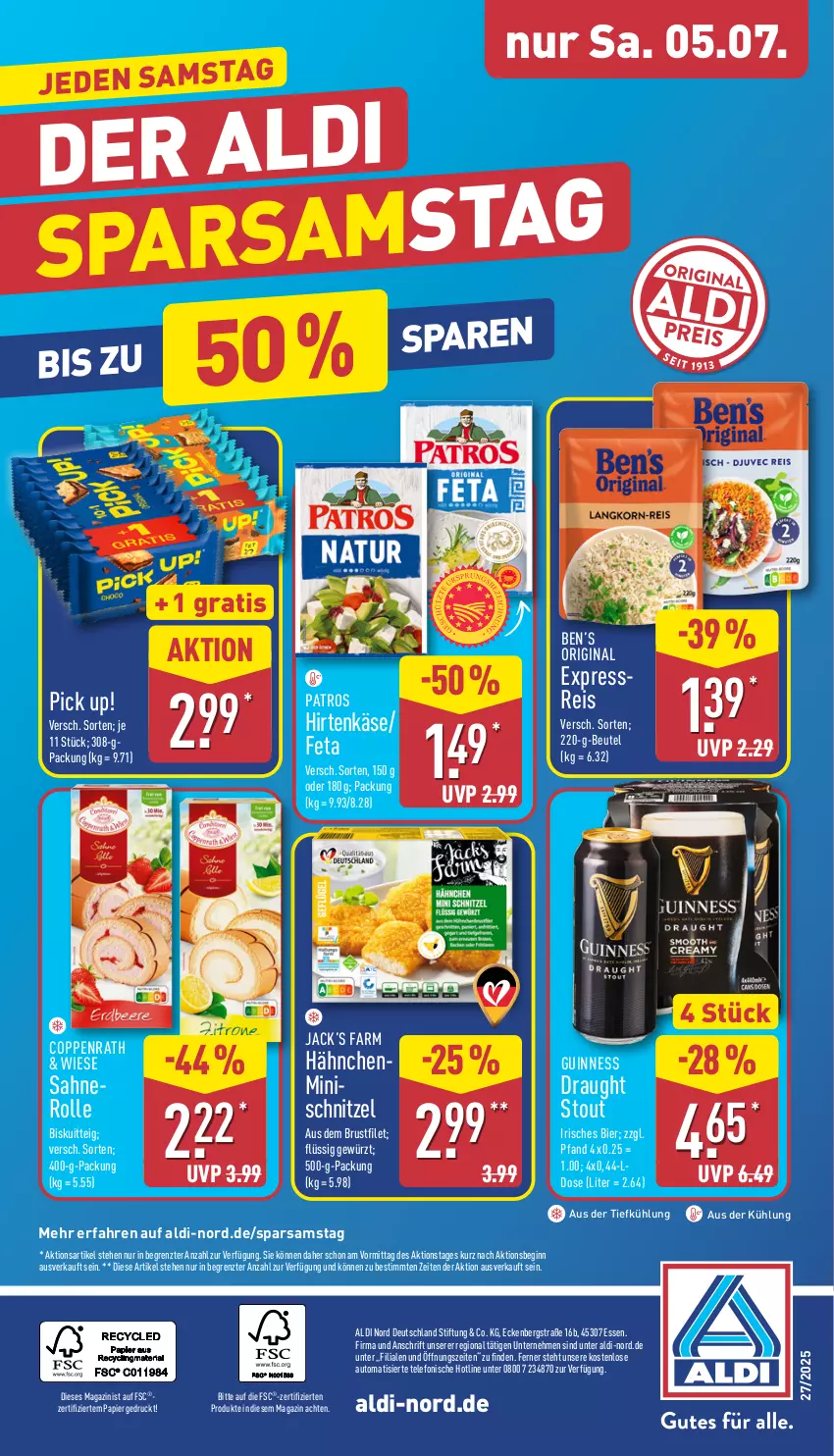 Aktueller Prospekt Aldi Nord - Von Montag - von 30.06 bis 05.07.2025 - strona 36 - produkty: aldi, aus der tiefkühlung, auto, Ben’s Original, beutel, bier, brustfilet, coppenrath, eis, feta, filet, gewürz, gin, Guinness, hirtenkäse, Käse, magazin, nero, papier, patros, Pick Up!, reis, sahne, Sahnerolle, schnitzel, telefon, Ti, ZTE