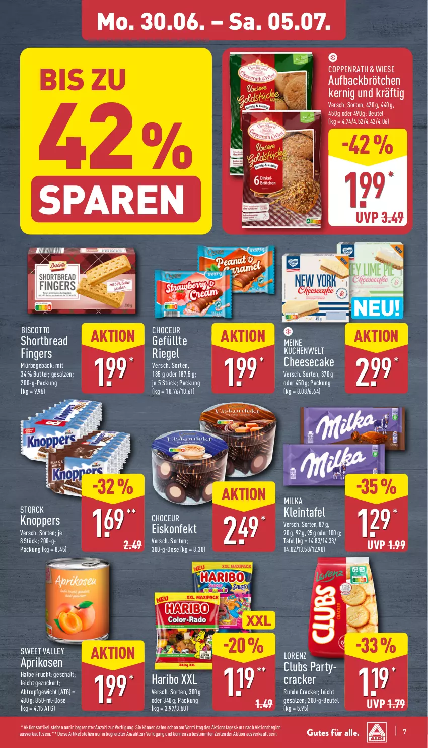 Aktueller Prospekt Aldi Nord - Von Montag - von 30.06 bis 05.07.2025 - strona 7 - produkty: aprikose, aprikosen, beutel, biscotto, brötchen, butter, cheesecake, coppenrath, cracker, eis, eiskonfekt, frucht, gin, haribo, knoppers, kuchen, lorenz, milka, riegel, salz, storck, Ti, ZTE, zucker