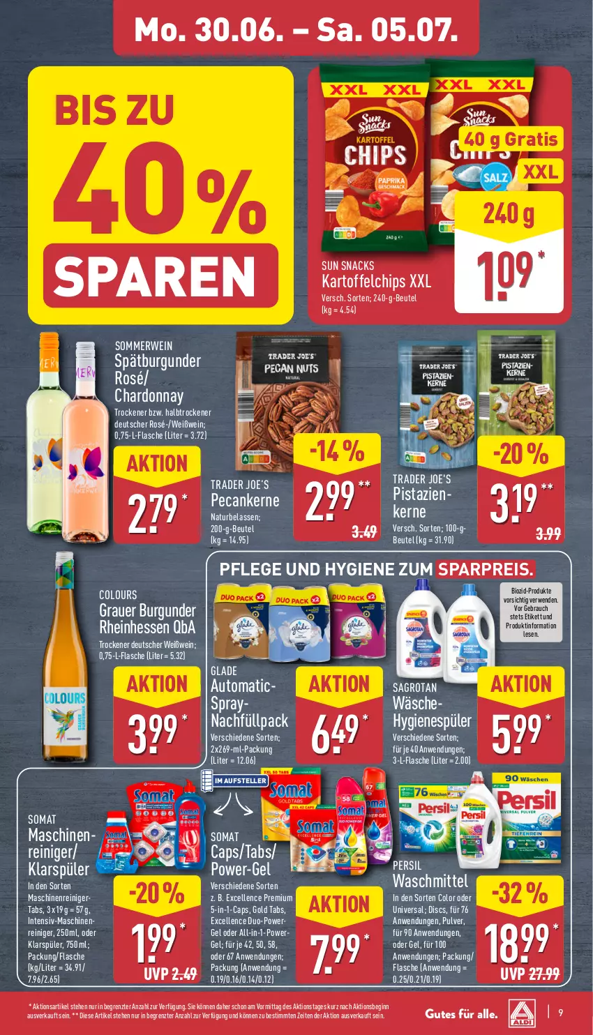 Aktueller Prospekt Aldi Nord - Von Montag - von 30.06 bis 05.07.2025 - strona 9 - produkty: auer, auto, beutel, bio, burgunder, Cap, chardonnay, chips, eis, elle, flasche, gin, Glade, grauer burgunder, hygienespüler, kartoffel, kartoffelchips, klarspüler, maschinenreiniger, natur, persil, persil waschmittel, pistazien, power-gel, Rauch, reiniger, reis, rwe, sagrotan, snack, snacks, somat, spätburgunder, Sun Snacks, teller, Ti, waschmittel, wein, Weißwein, ZTE