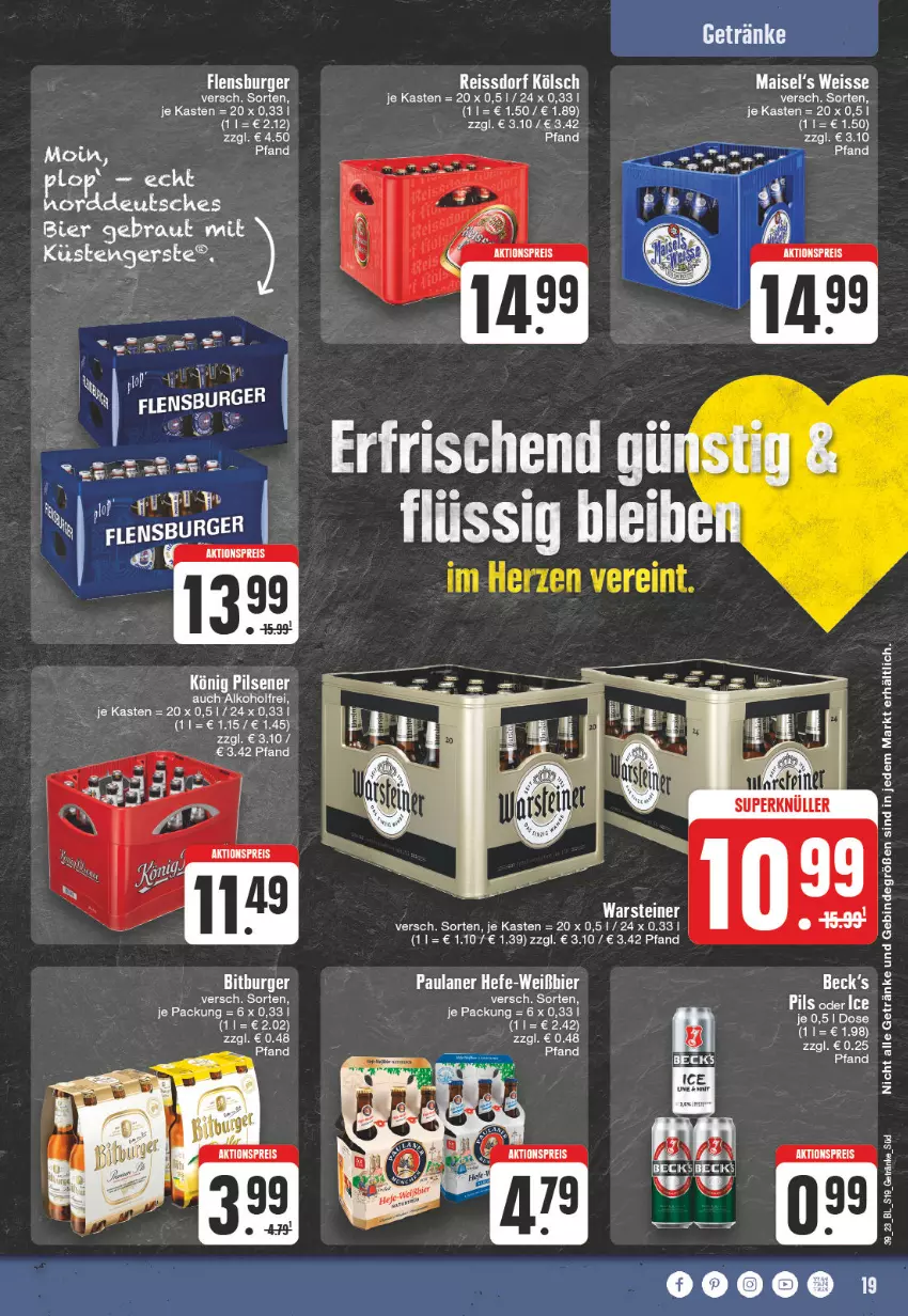 Aktueller Prospekt E Center - Angebote der Woche - von 25.09 bis 30.09.2023 - strona 19 - produkty: aktionspreis, alkohol, bier, burger, eis, flensburger, getränk, getränke, Hefe, LG, mais, Paula, paulaner, pils, reis, steiner, tee, Ti, warsteiner