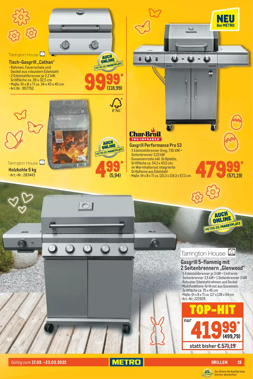 Aktueller Prospekt Metro - NonFood - von 17.03 bis 23.03.2022 - strona 15 - produkty: decke, Deckel, edelstahl, eis, feuerschale, gasgrill, grill, grillfläche, Grillpfanne, grillplatte, grillrost, Holz, holzkohle, lamm, latte, pfanne, Schal, Schale, Ti, tisch, top-hit