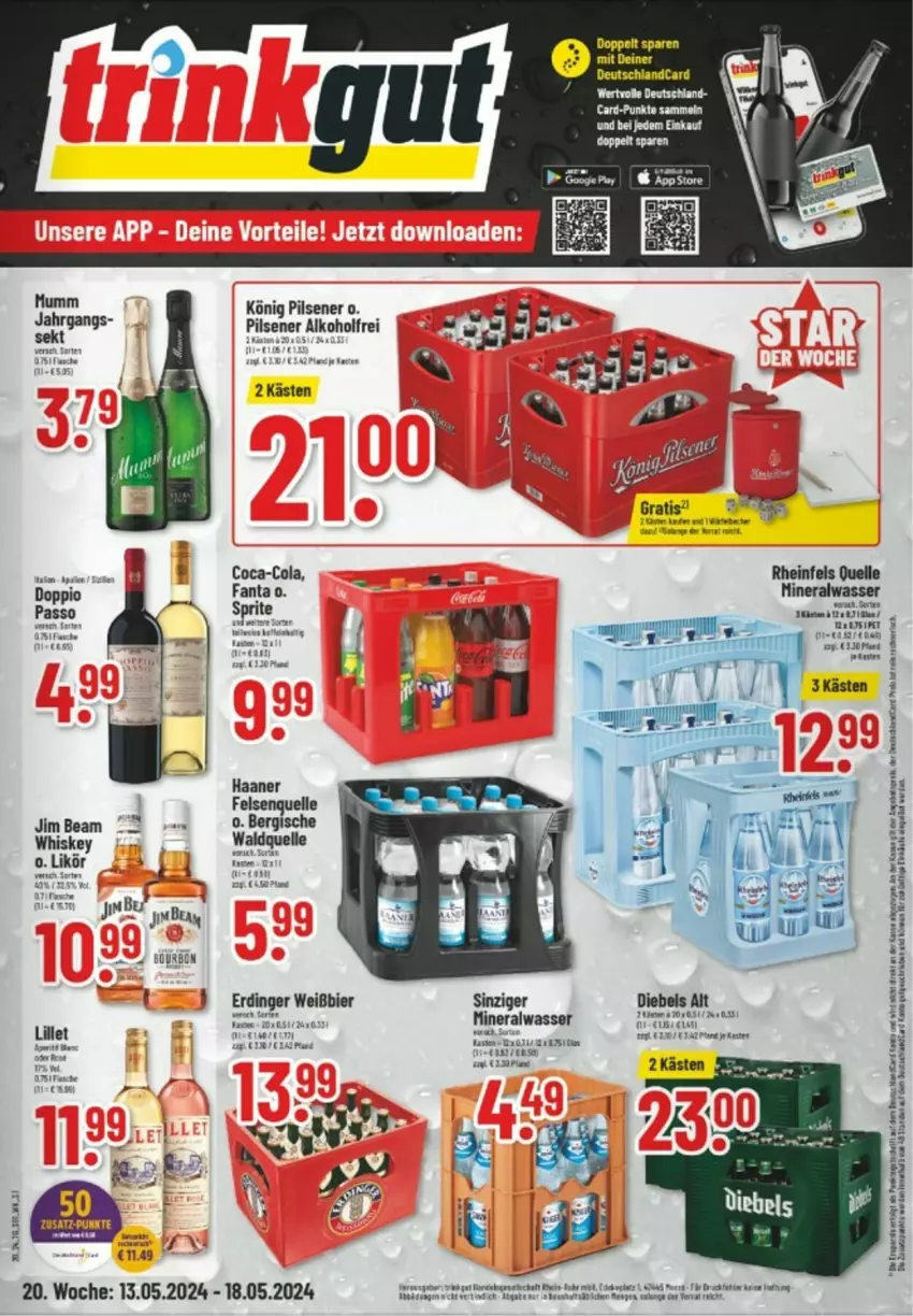 Aktueller Prospekt Trinkgut - Prospekte - von 13.05 bis 18.05.2024 - strona 1 - produkty: alkohol, Alwa, Bau, bier, buch, coca-cola, cola, deutschlandcard, diebels, Elan, elle, erde, erdinger, fanta, jim beam, könig pilsener, likör, lillet, mineralwasser, mumm, passo, pils, pilsener, rheinfels quelle, Schal, sekt, tee, Ti, uhr, Waldquelle, wasser, whiskey