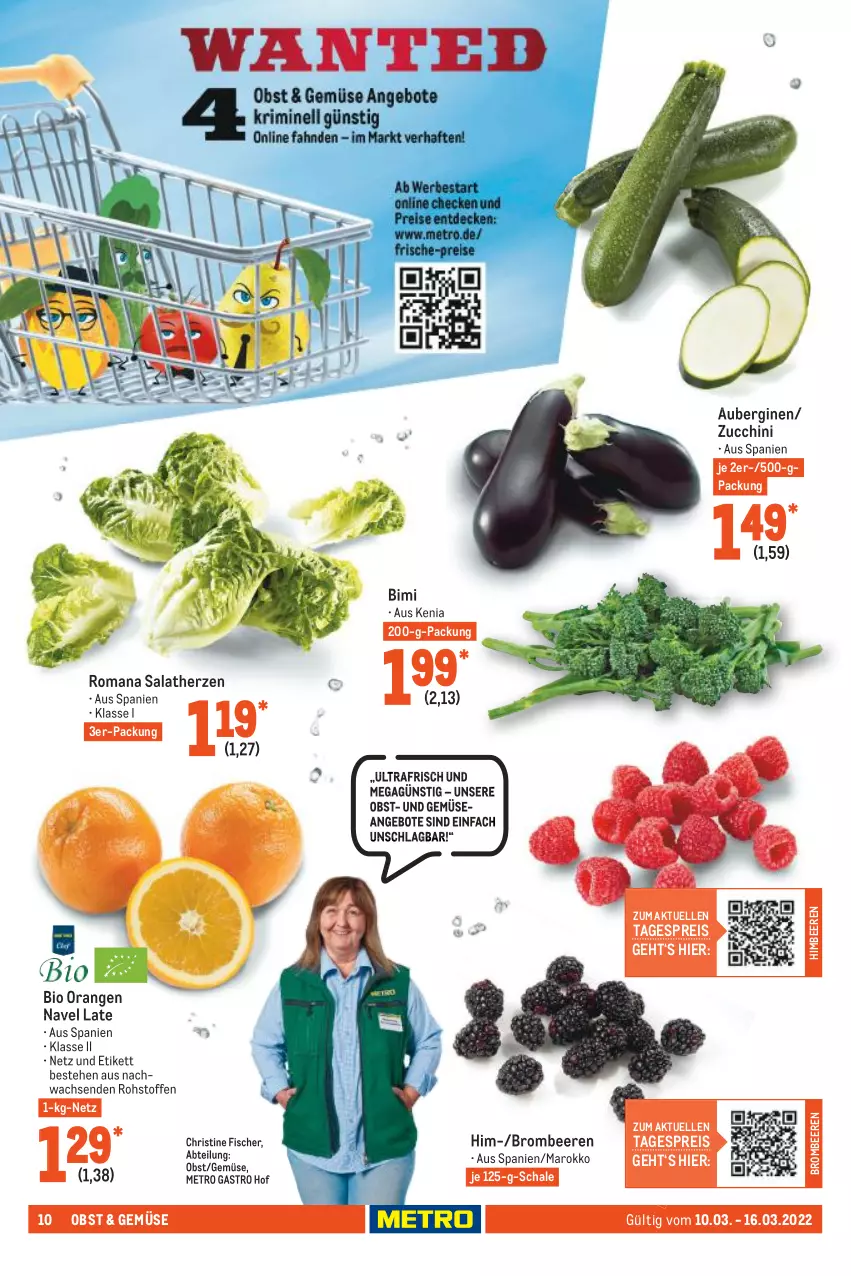 Aktueller Prospekt Metro - Food - von 10.03 bis 16.03.2022 - strona 10 - produkty: Abtei, angebot, angebote, aubergine, auberginen, beere, beeren, bio, brombeere, brombeeren, eis, elle, fisch, fische, Fischer, gin, himbeer, himbeere, himbeeren, Metro, metro gastro, obst, orange, orangen, reis, salat, salatherzen, Schal, Schale, Ti, und gemüse, zucchini