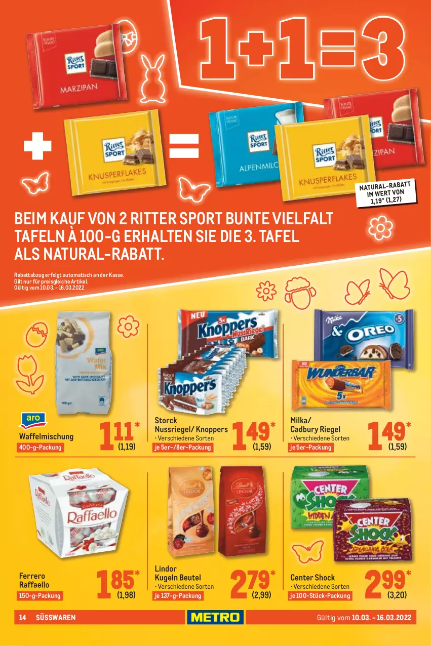 Aktueller Prospekt Metro - Food - von 10.03 bis 16.03.2022 - strona 14 - produkty: auto, beutel, eis, ente, ferrero, knoppers, Kugel, LG, lindor, milka, natur, natura, nuss, nussriegel, raffaello, reis, riegel, ritter, ritter sport, Sport, storck, süsswaren, Ti, tisch