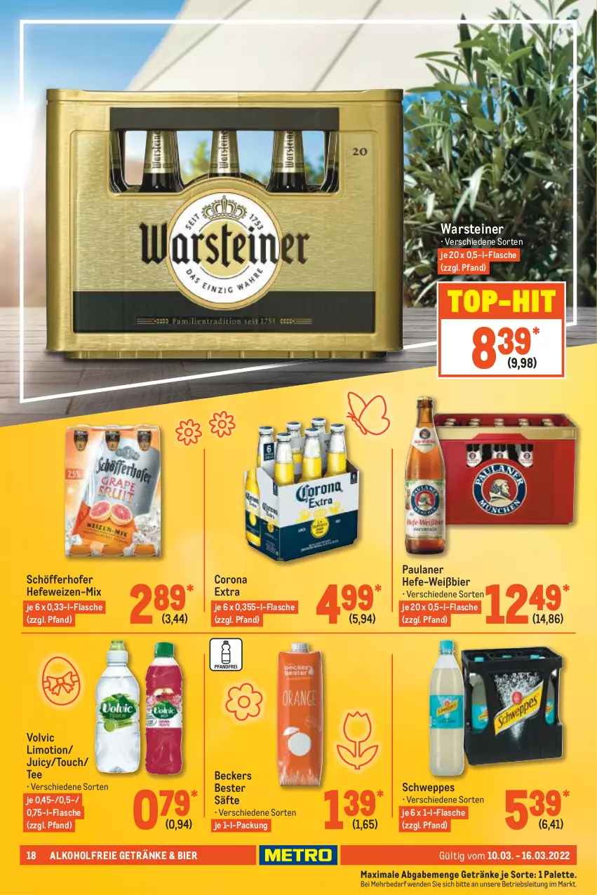 Aktueller Prospekt Metro - Food - von 10.03 bis 16.03.2022 - strona 18 - produkty: alkohol, alkoholfreie getränke, Beckers Bester, bier, corona, corona extra, flasche, getränk, getränke, Hefe, hefeweizen, limo, Palette, Paula, paulaner, säfte, schöfferhofer, schweppes, steiner, tee, Ti, top-hit, volvic, warsteiner