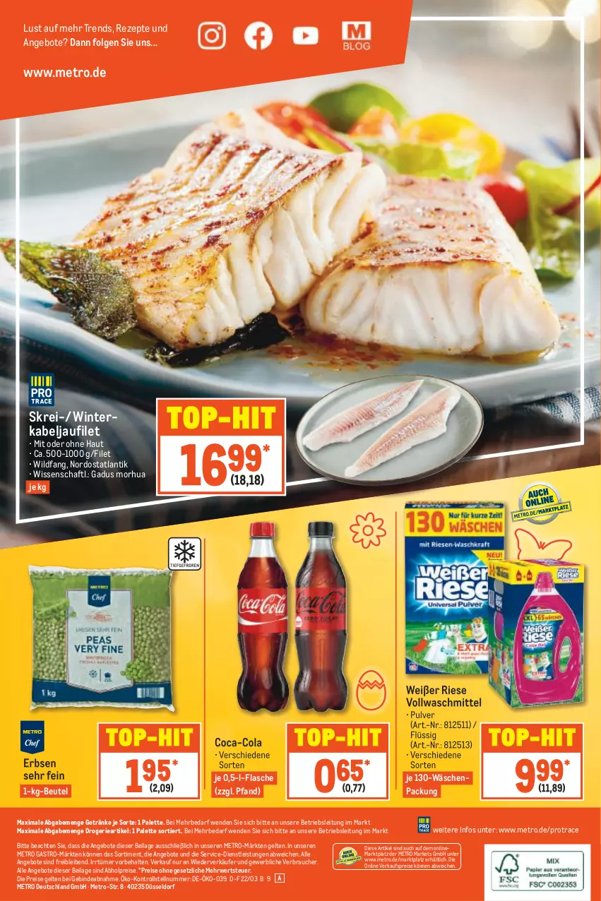 Aktueller Prospekt Metro - Food - von 10.03 bis 16.03.2022 - strona 20 - produkty: abholpreise, angebot, angebote, beutel, coca-cola, cola, eis, erbsen, filet, flasche, getränk, getränke, ilag, kabeljaufilet, LG, Metro, metro gastro, Palette, Rauch, reis, rezept, rezepte, rwe, Ti, top-hit, vollwaschmittel, waschmittel, Wild