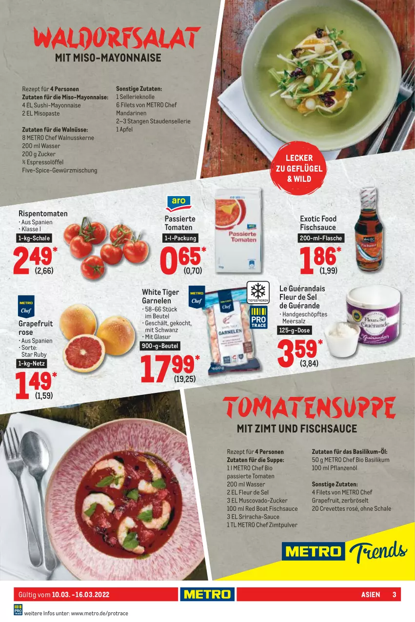 Aktueller Prospekt Metro - Food - von 10.03 bis 16.03.2022 - strona 3 - produkty: apfel, basilikum, beutel, bio, elle, espresso, filet, filets, fisch, flasche, garnelen, Geflügel, gewürz, Gewürzmischung, grapefruit, Löffel, mandarine, mandarinen, mayonnaise, meersalz, Metro, nuss, pflanze, pflanzen, Pflanzenöl, rezept, rispentomaten, salz, sauce, Schal, Schale, Sriracha, stauden, suppe, Sushi, Ti, tomate, tomaten, walnuss, walnusskerne, wasser, Wild, Yo, zucker