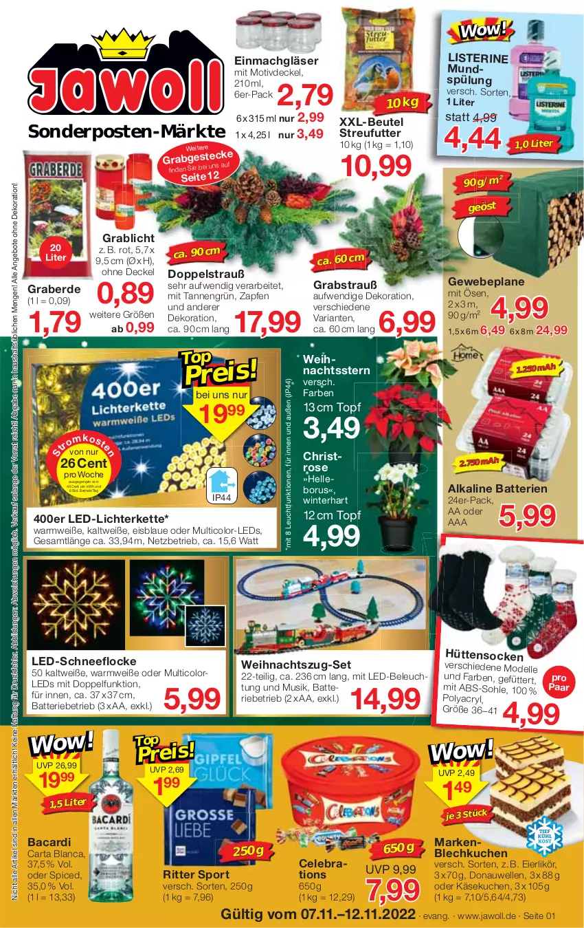 Aktueller Prospekt Jawoll - Prospekte - von 06.11 bis 12.11.2022 - strona 1 - produkty: angebot, angebote, bacardi, batterie, batterien, beleuchtung, beutel, decke, Deckel, dekoration, dell, Donauwellen, eier, eierlikör, eis, elle, erde, Gewebeplane, Gläser, Käse, käsekuchen, Kette, kuchen, led-beleuchtung, led-licht, leds, lichterkette, likör, listerine, mac, mit led-beleuchtung, Mode, mundspülung, Ria, ritter, ritter sport, socken, sonderposten, Sport, spülung, Streufutter, Ti, topf, Weihnachtsstern