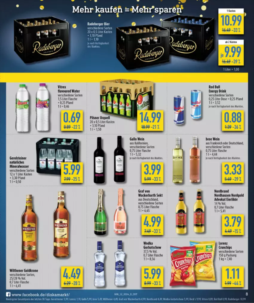 Aktueller Prospekt Diska - von 18.03 bis 23.03.2024 - strona 10 - produkty: Alwa, Berger, bier, bree, chips, crunchips, drink, eier, eierlikör, eis, energy drink, flasche, gallo, gerolsteine, gerolsteiner, goldkrone, Gorbatschow, krone, likör, lorenz, mineralwasser, nordbrand, pils, pilsner, radeberger, red bull, reis, sekt, steiner, tee, Ti, vitrex, wasser, wein, wilthener, Wilthener Goldkrone, wodka, ZTE