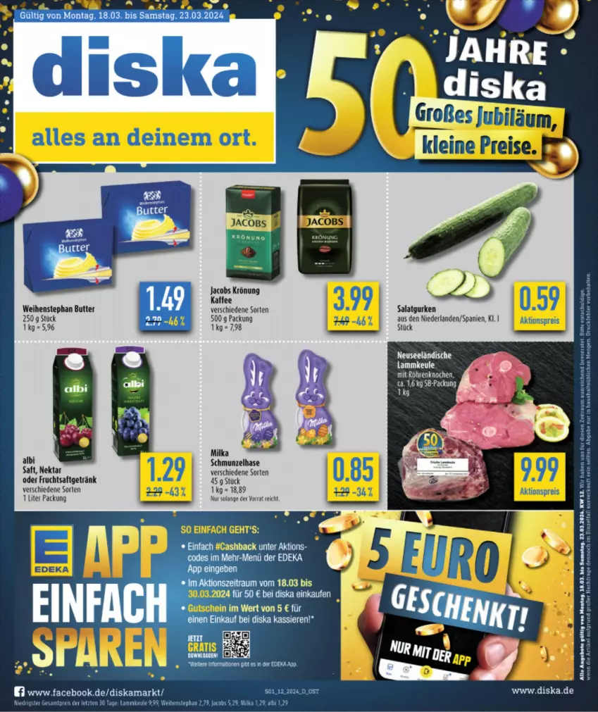 Aktueller Prospekt Diska - von 18.03 bis 23.03.2024 - strona 3 - produkty: aktionspreis, butter, eis, frucht, fruchtsaft, fruchtsaftgetränk, getränk, gurke, gurken, jacobs, jacobs krönung, lamm, lammkeule, milka, Nektar, reis, saft, salat, Salatgurke, salatgurken, Ti, weihenstephan