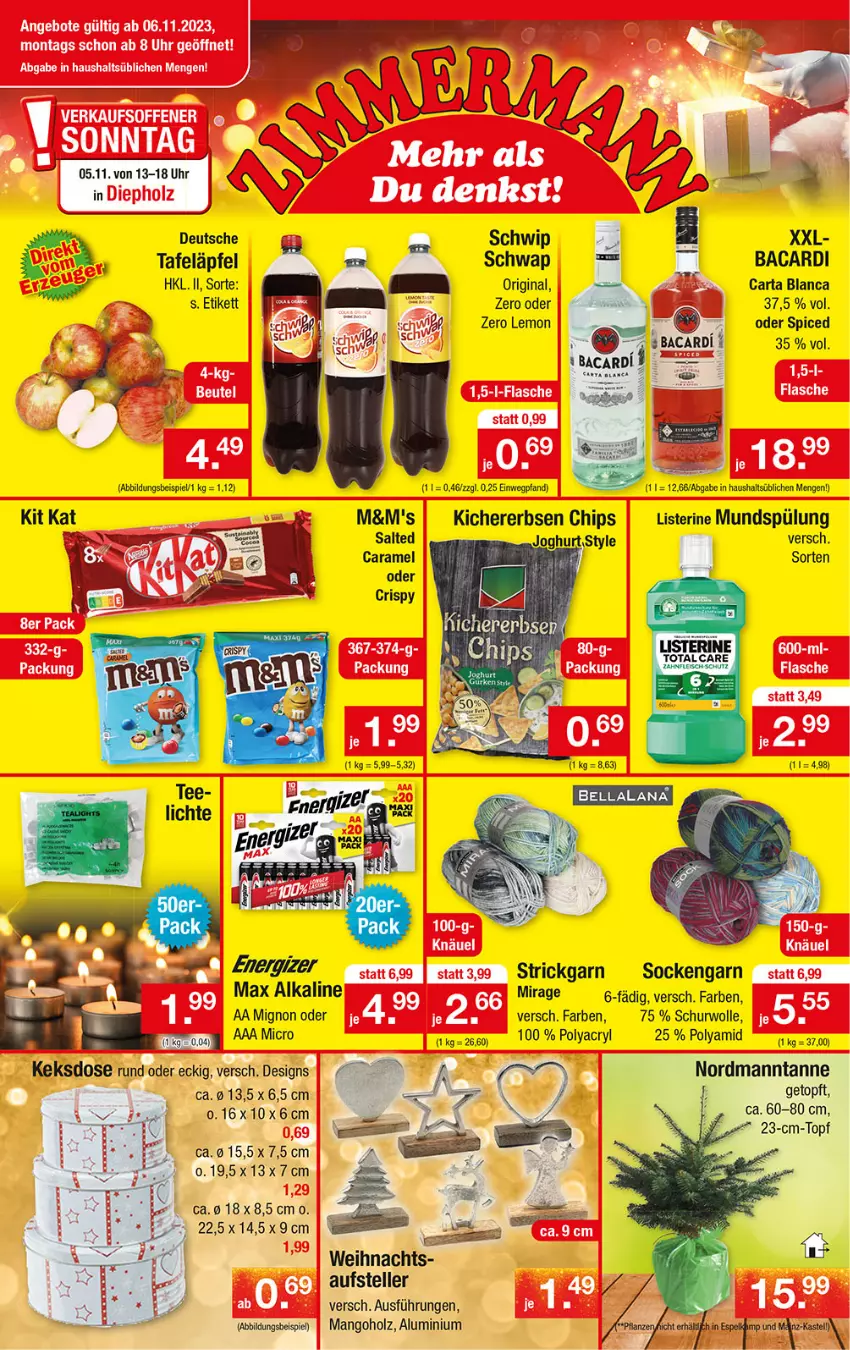 Aktueller Prospekt Zimmermann - Prospekte - von 06.11.2021 bis 11.11.2023 - strona 1 - produkty: bacardi, caramel, dell, eis, elle, gin, Holz, keks, Keksdose, listerine, mango, mundspülung, socken, spülung, Strickgarn, tafeläpfel, teller, Ti, topf, wolle