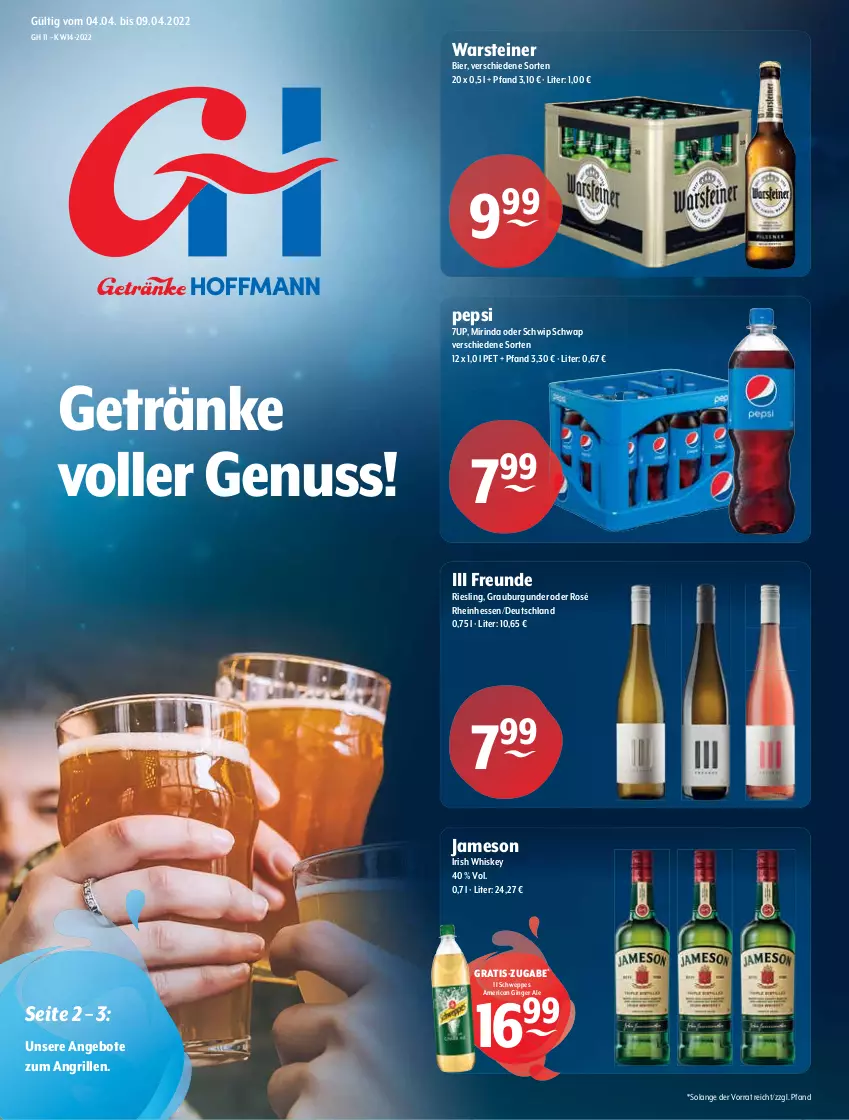 Aktueller Prospekt Getraenke Hoffmann - Prospekte - von 04.04 bis 09.04.2022 - strona 1 - produkty: 7UP, angebot, angebote, bier, burgunder, getränk, getränke, gin, ginger, ginger ale, grauburgunder, grill, irish whiskey, jameson, Mirinda, nuss, pepsi, riesling, rind, schweppes, Schwip Schwap, steiner, Ti, warsteiner, whiskey