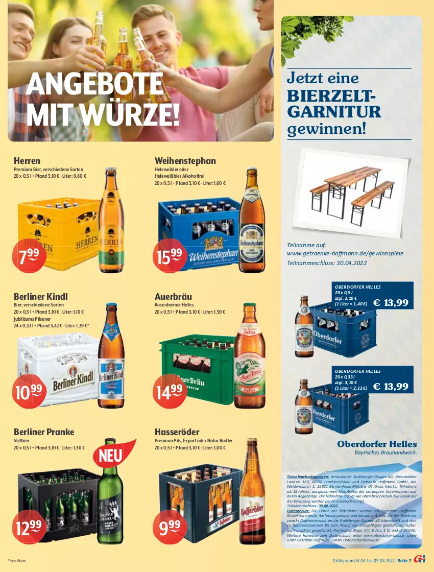 Aktueller Prospekt Getraenke Hoffmann - Prospekte - von 04.04 bis 09.04.2022 - strona 7 - produkty: alkohol, angebot, angebote, apfel, auer, Bad, Bad Liebenwerda, Berger, berliner, berliner kindl, bier, Bierzeltgarnitur, braun, coca-cola, cola, eimer, eis, eistee, elle, erde, fanta, flasche, früchte, früchten, garnitur, getränk, getränke, gewinnspiel, gin, hasseröder, Hefe, Hohes C, Jubiläums, LG, limo, limonade, Mezzo Mix, natur, natur radler, oder sprite, orange, orangen, orangensaft, pfirsich, pils, pilsener, premium pils, radeberger, radler, Rauch, Ria, rosen, saft, schorle, sinalco, Spiele, sprite, tee, Ti, vita, Vitamin C, weck, weihenstephan, Zelt, zitrone, zucker