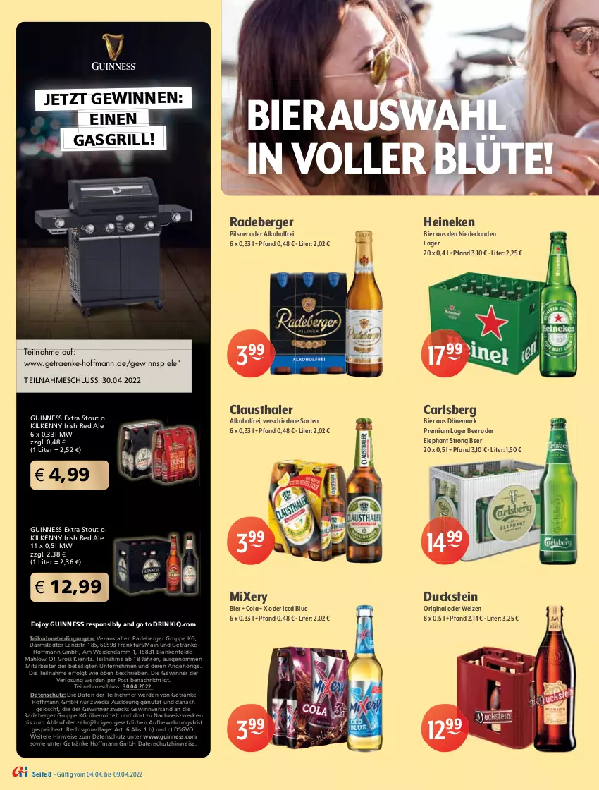 Aktueller Prospekt Getraenke Hoffmann - Prospekte - von 04.04 bis 09.04.2022 - strona 8 - produkty: alkohol, aust, Berger, bier, Biere, binden, Blüte, budweiser, carlsberg, clausthaler, cola, drink, Duck, eis, elle, erde, frucht, gasgrill, getränk, getränke, gewinnspiel, gin, grill, Guinness, Hefe, heineken, Kilkenny, Kloster Andechs, Leuchte, leuchten, LG, mais, malz, mars, Maxl Helles, Meister, Mixer, mixery, Muskatnuss, Nuance, nuss, pils, pilsner, radeberger, radeberger pilsner, Spiele, Ti, urtyp, weck