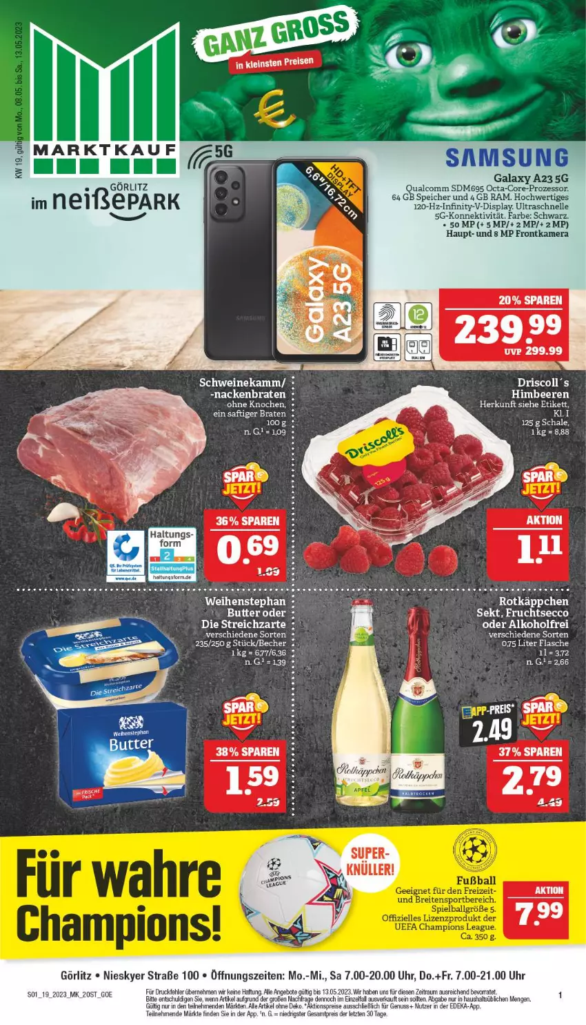 Aktueller Prospekt Marktkauf - Prospekt - von 07.05 bis 13.05.2023 - strona 1 - produkty: alkohol, angebot, angebote, Becher, deka, ecco, eis, elle, frontkamera, frucht, fruchtsecco, kamera, nuss, reis, Schal, Schale, schwein, schweine, sekt, Streichzart, Ti, uhr, weihenstephan, wein, weine, ZTE