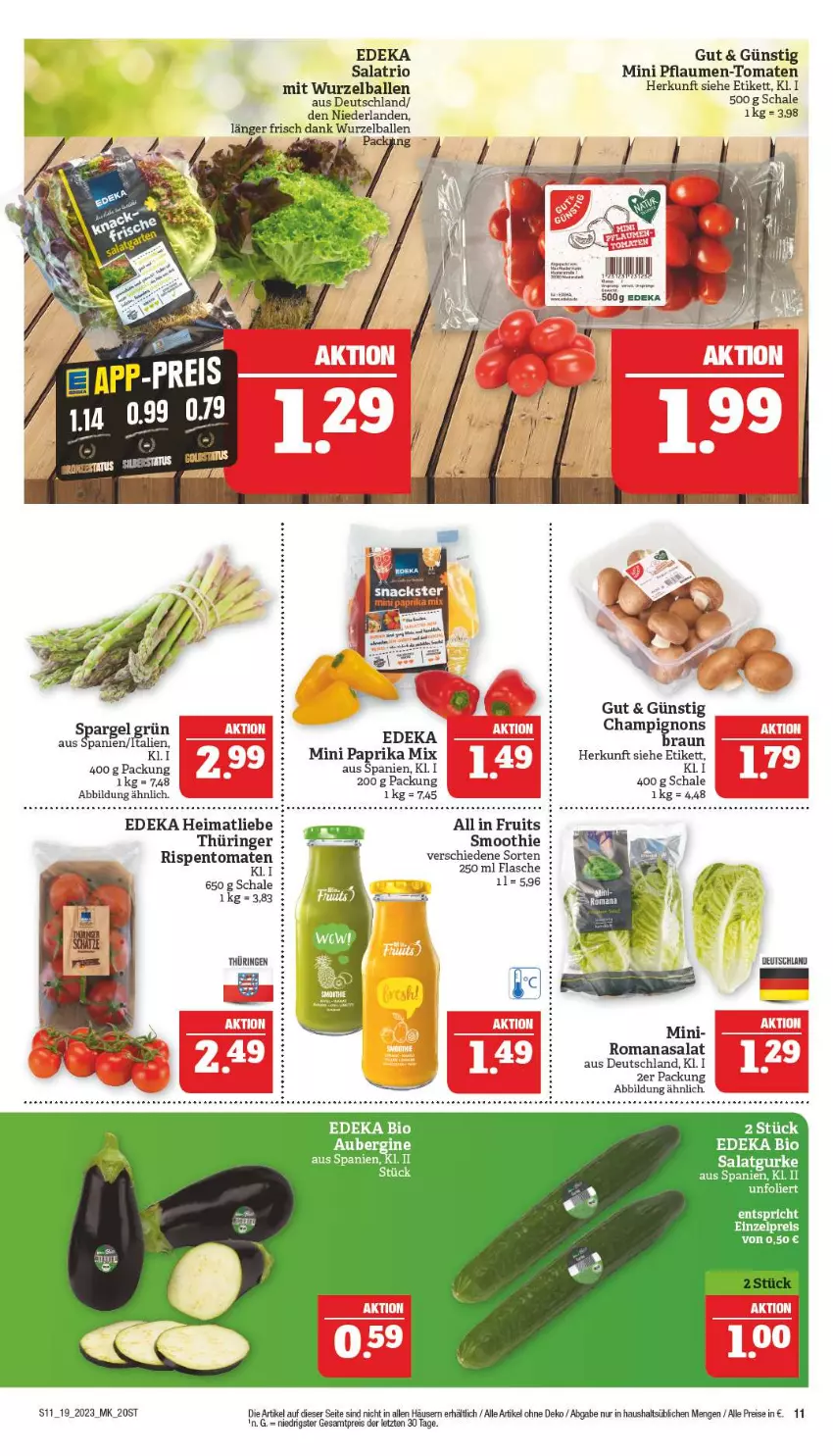 Aktueller Prospekt Marktkauf - Prospekt - von 07.05 bis 13.05.2023 - strona 11 - produkty: ball, deka, eis, flasche, paprika, paprika mix, pflaume, pflaumen, Pflaumen-Tomaten, reis, ring, rispentomaten, Romanasalat, salat, Schal, Schale, smoothie, spargel, spargel grün, Ti, tomate, tomaten, ZTE